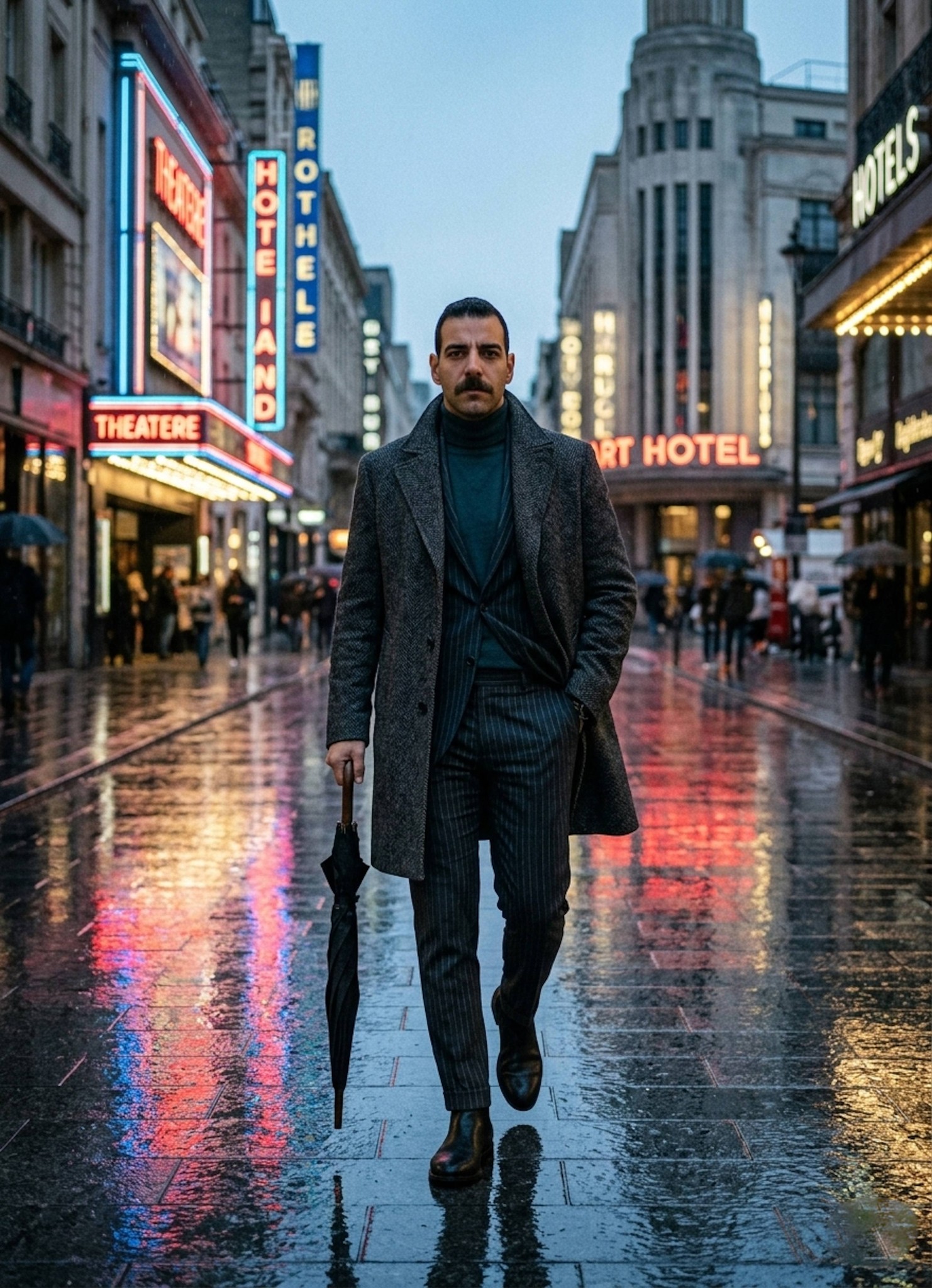 Person in herringbone coat walking with umbrella on a rainy neon-lit Art Deco city street