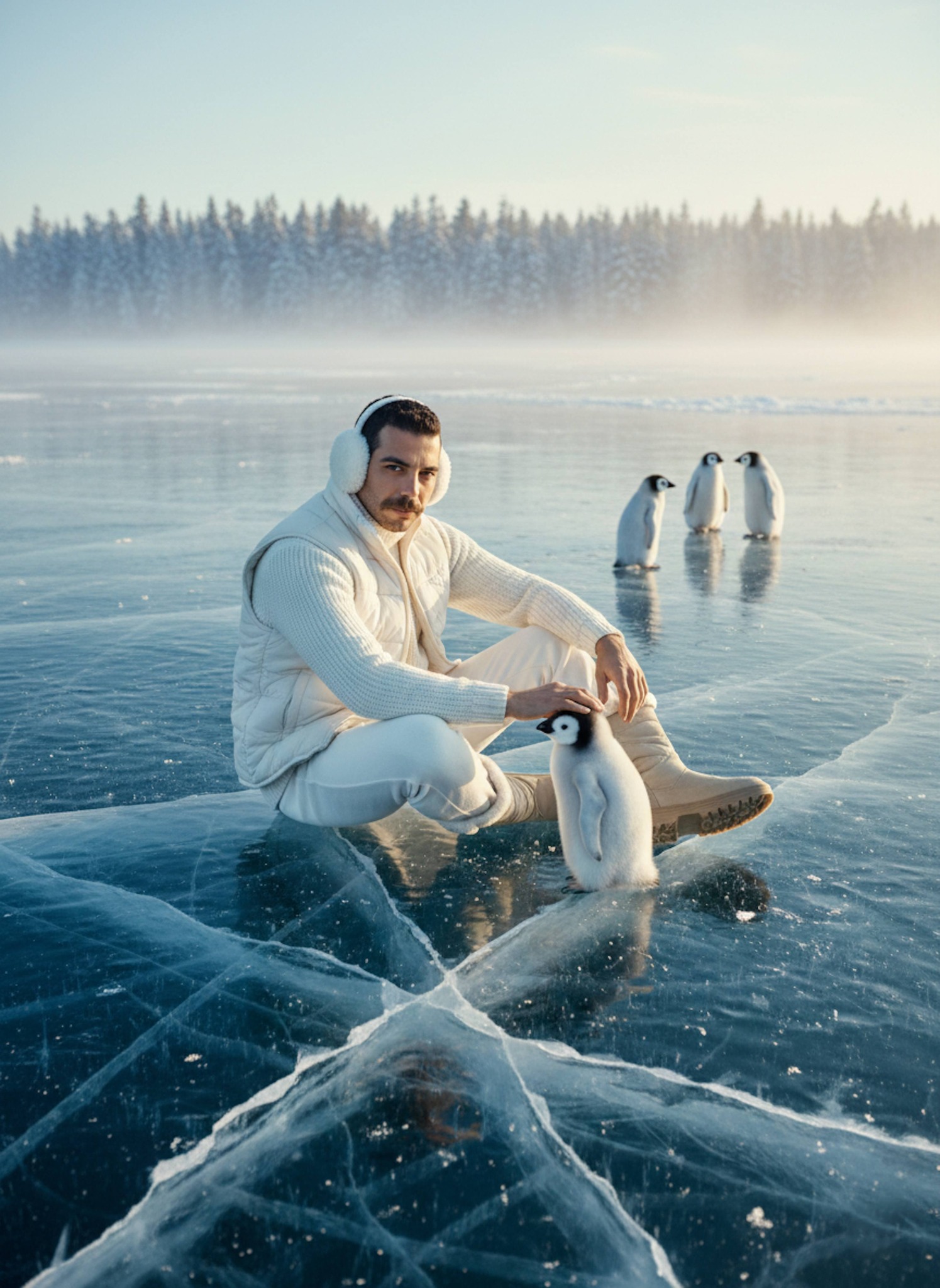 Person in white winter clothing sitting on a frozen blue lake petting a baby penguin with snowy pine forest in the distance