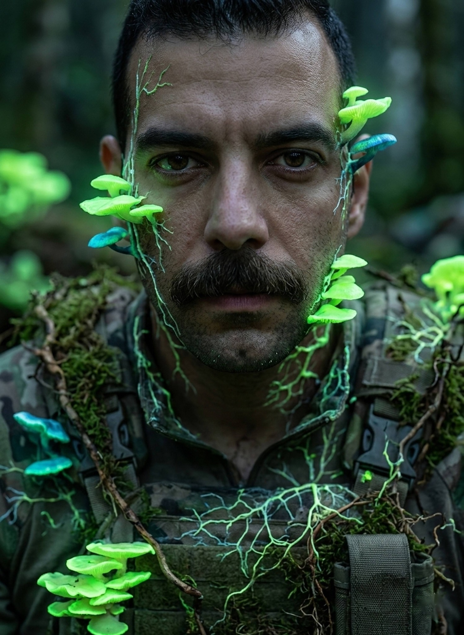 Figure with bioluminescent fungi on arms in a moonlit prehistoric rainforest with green glowing flora