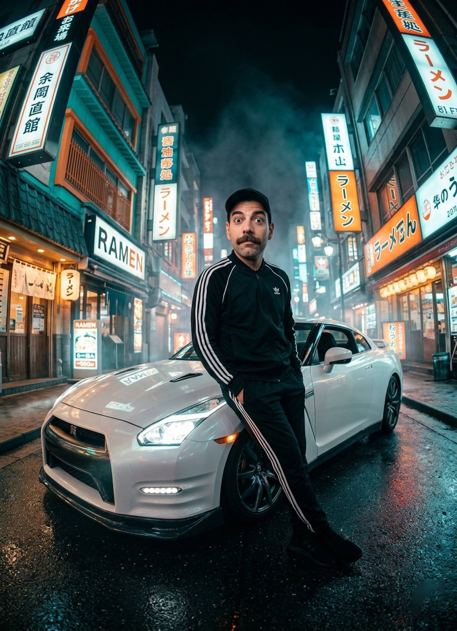 Person in black tracksuit leaning on white sports car in a neon-lit Asian city street at night