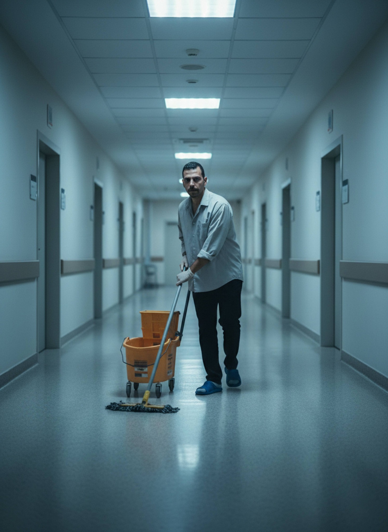 Hospital night cleaner mopping a long dim corridor in gray uniform with institutional lighting