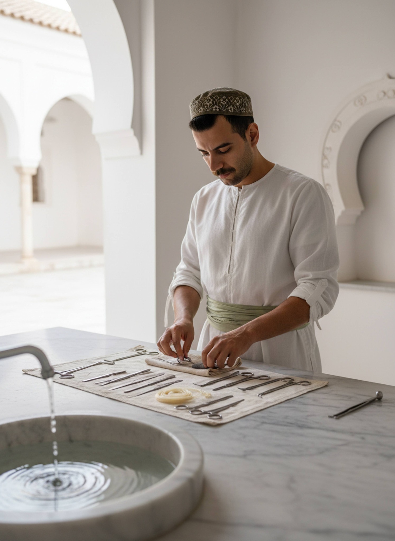 Historical surgeon cleaning polished silver surgical tools in a sunlit Al-Andalus clinic