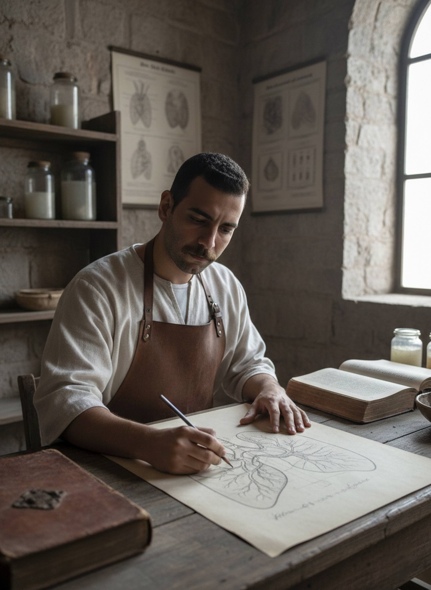 Scholar sketching human circulatory system diagrams in a candlelit Damascus hospital room