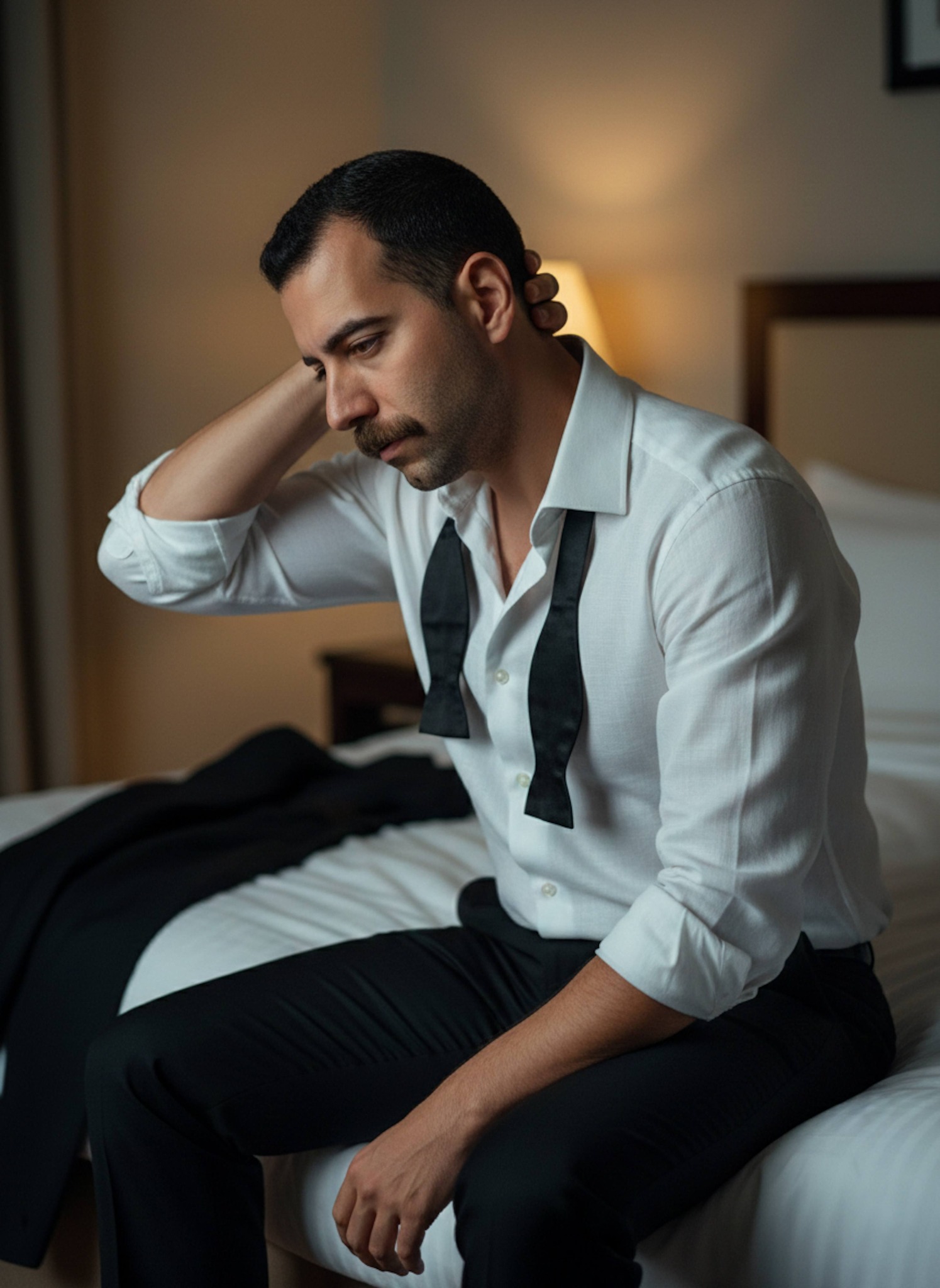 Person in loosened tuxedo sitting on bed edge in dim light after a wedding celebration