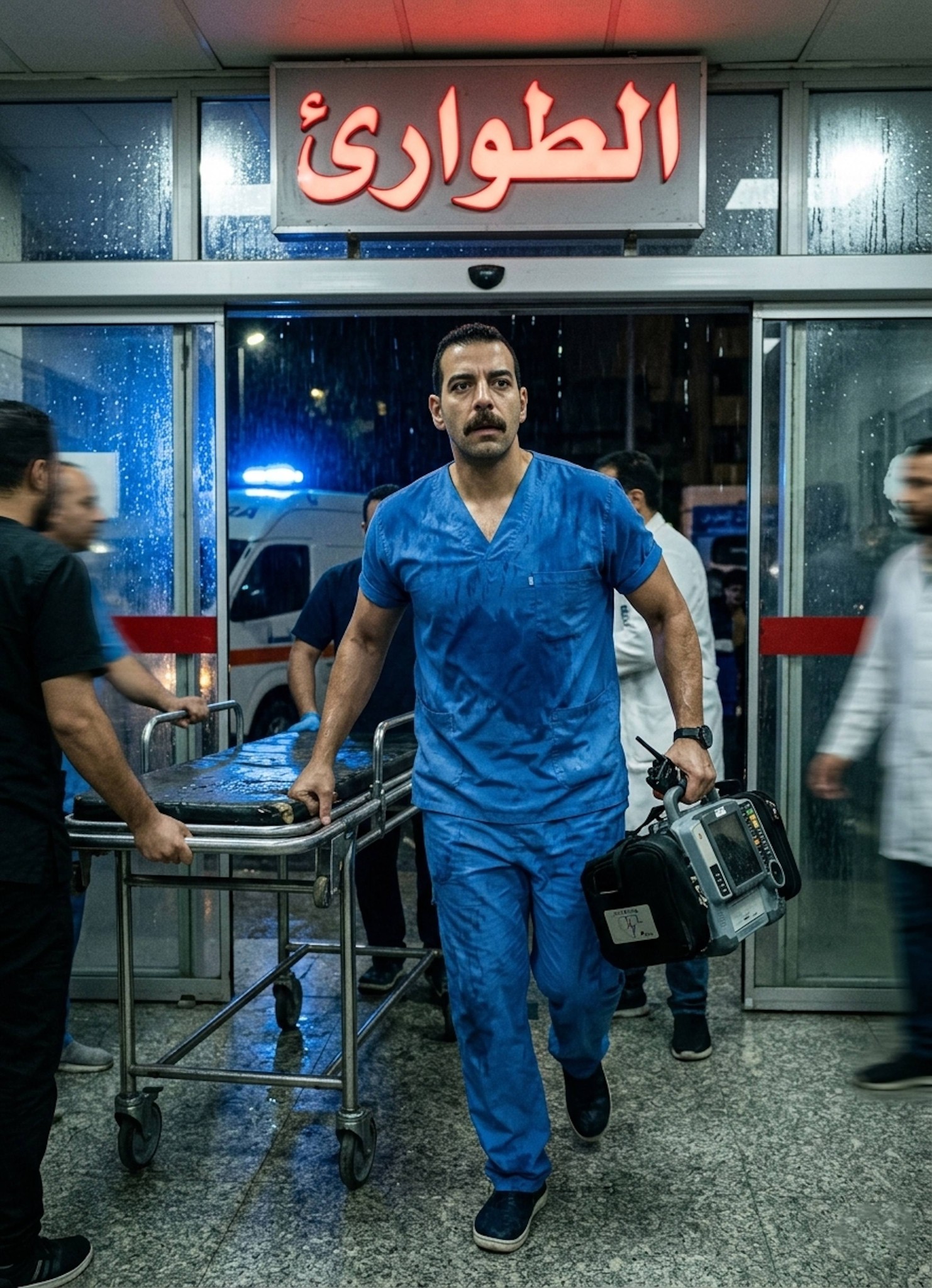Medical worker in wet scrubs holding a defibrillator at a rainy emergency room entrance at night