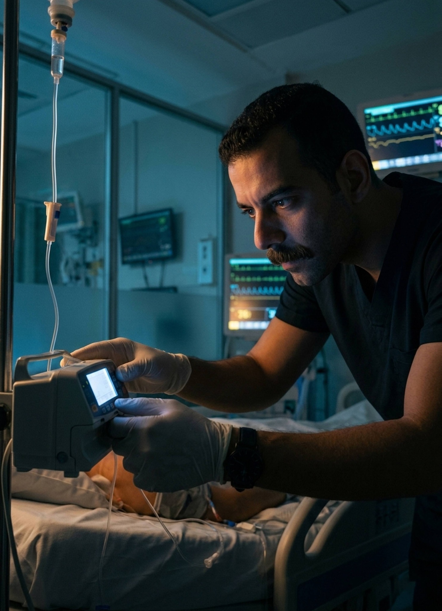 Medical worker keeping night vigil in a dim ICU room with glowing monitors behind glass partitions