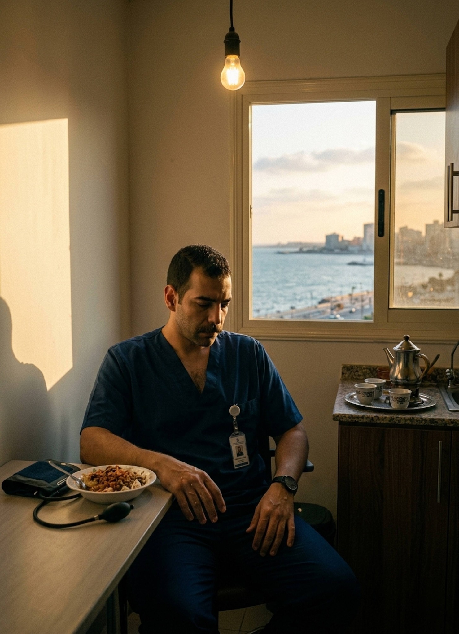 Healthcare worker in scrubs sitting in a small hospital break room with Alexandria coastline view