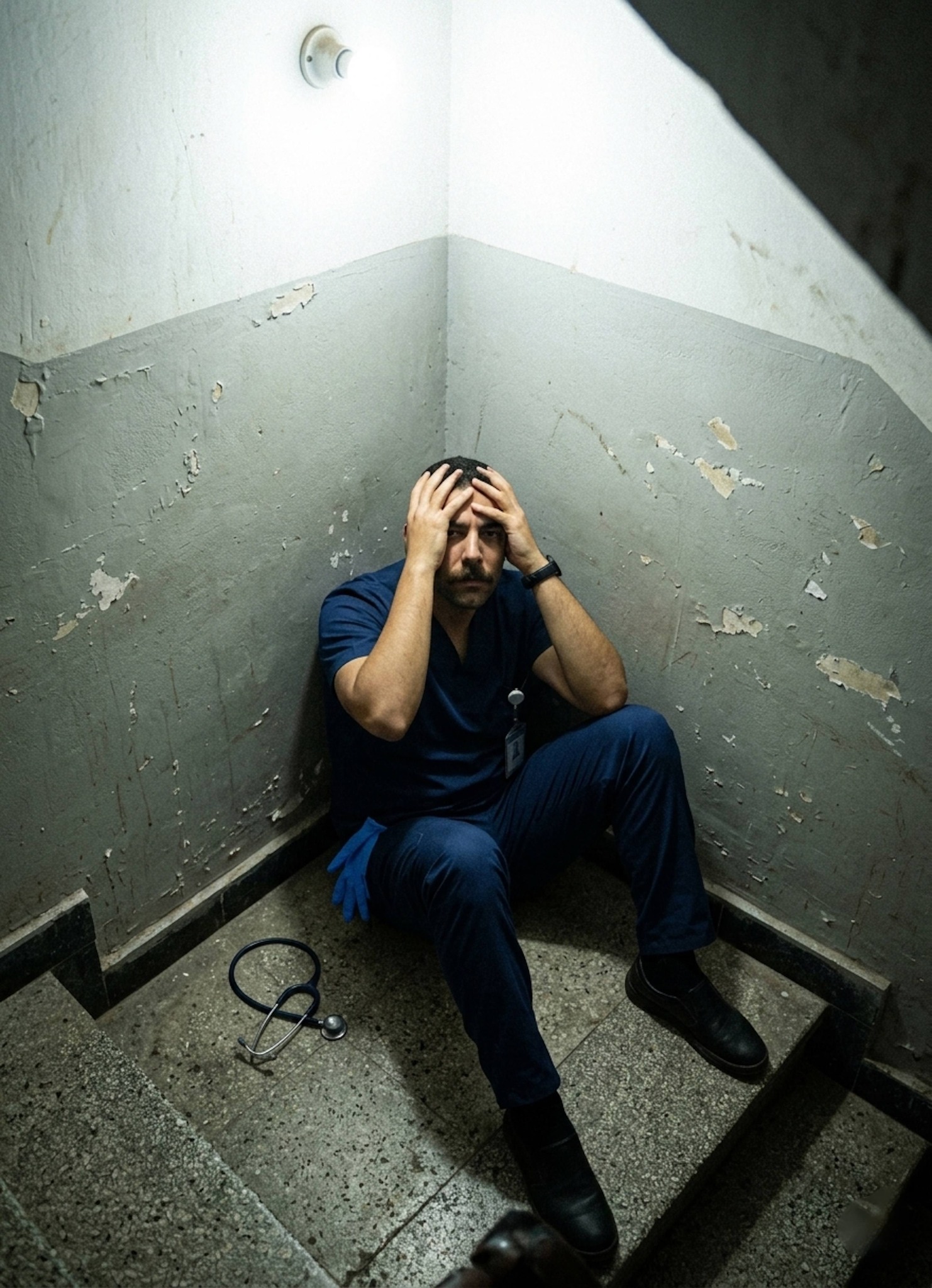 Nurse sitting on hospital stairwell step with head in hands and stethoscope beside them