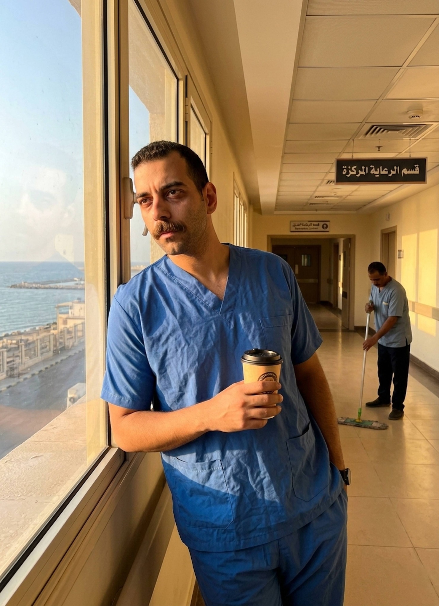 Healthcare worker leaning against a sunlit hospital corridor window overlooking Alexandria coastline at dawn