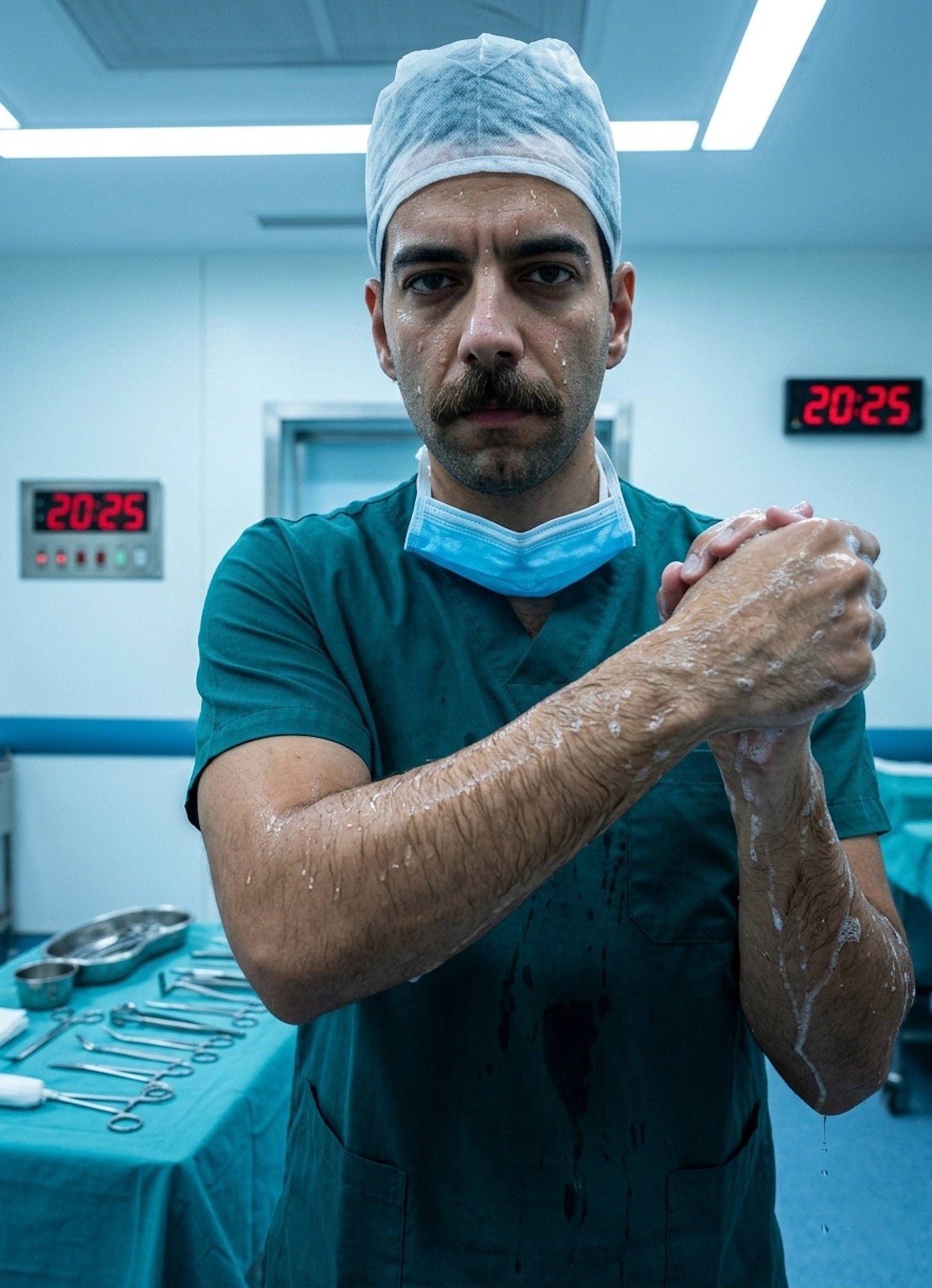 Medical professional performing surgical hand wash at stainless steel sinks wearing a surgical cap