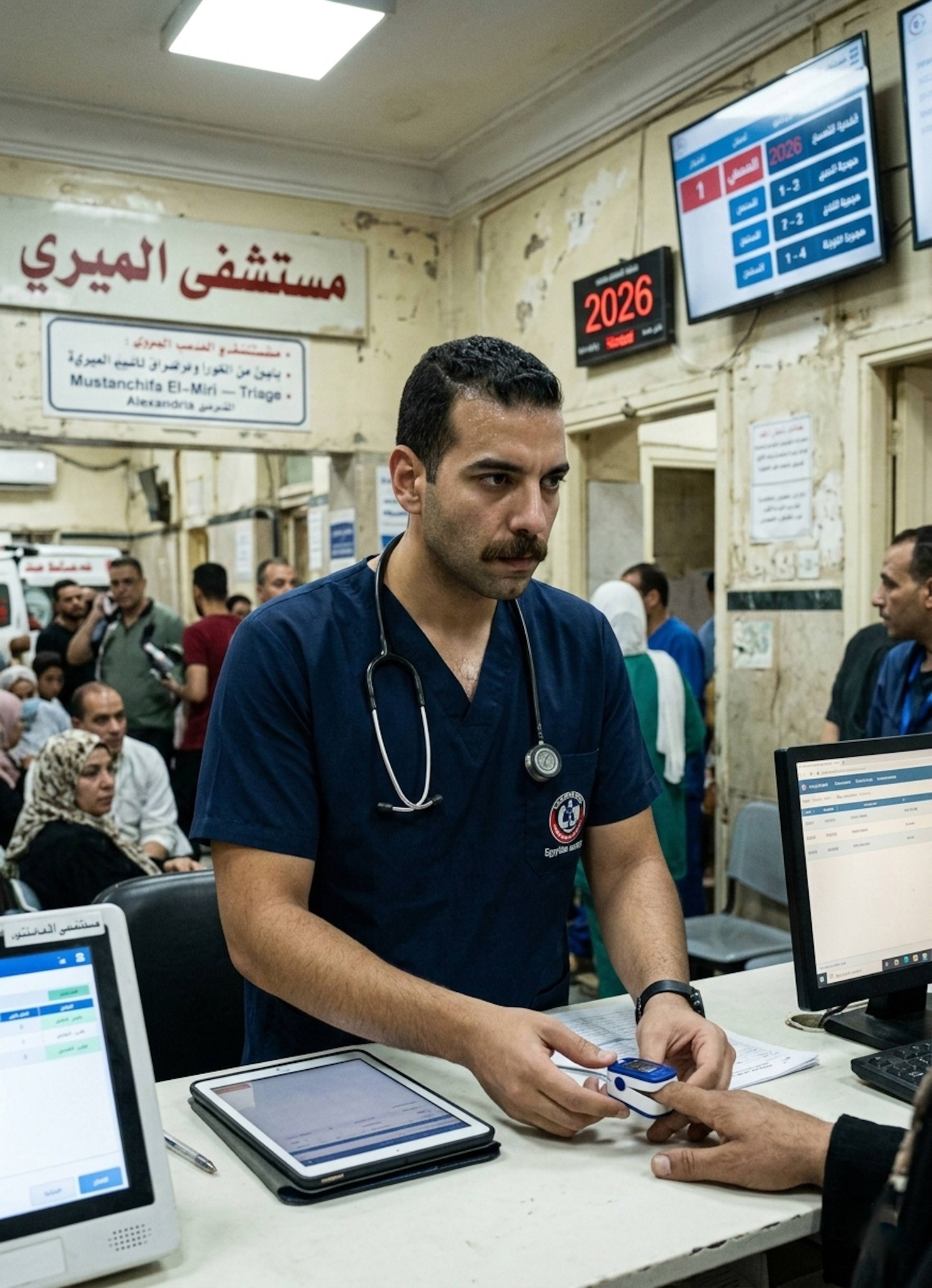 Nurse in navy scrubs working in a crowded Alexandria emergency room triage area at night