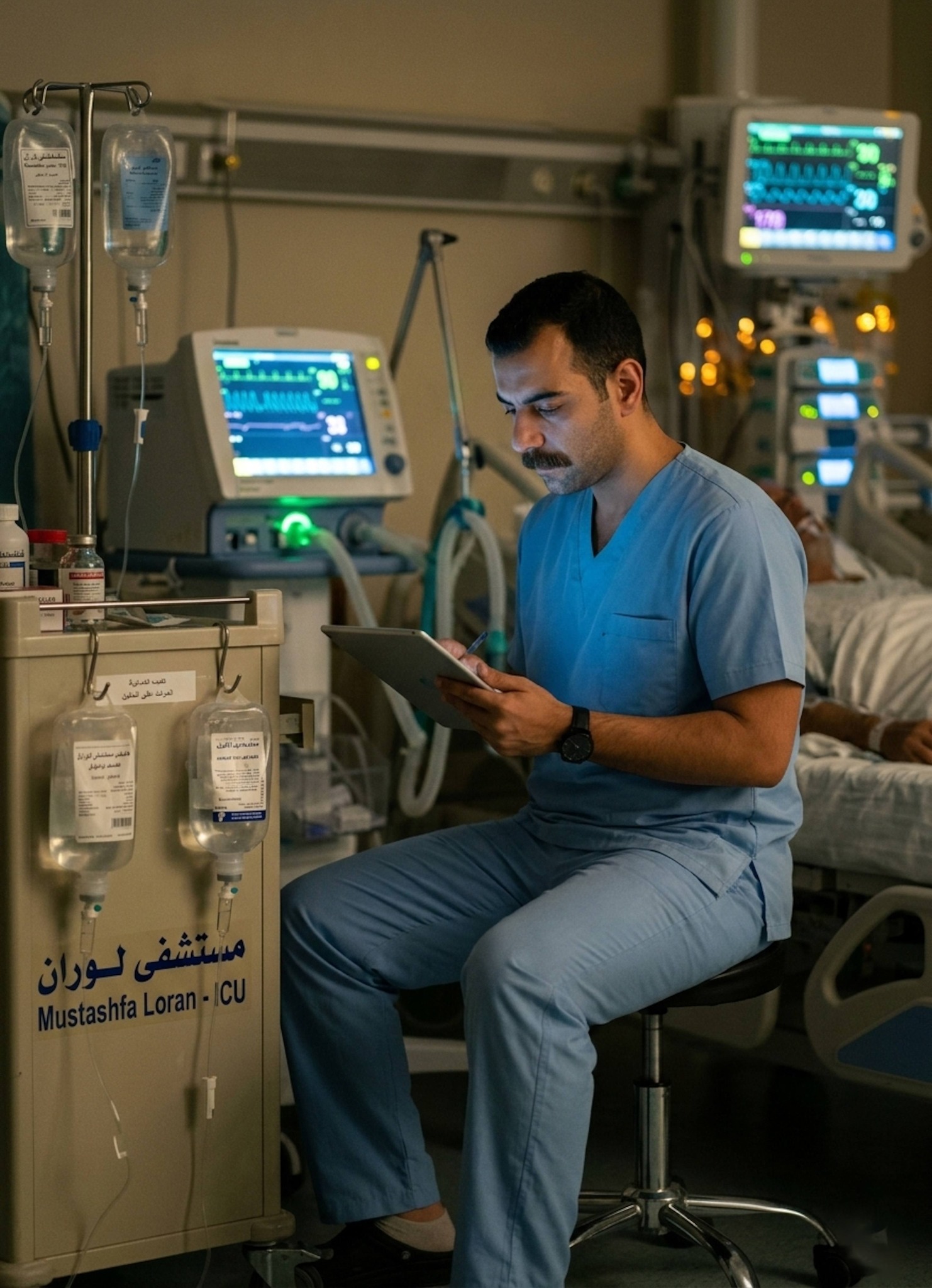 Medical worker in blue scrubs charting beside glowing ICU monitors during a night shift