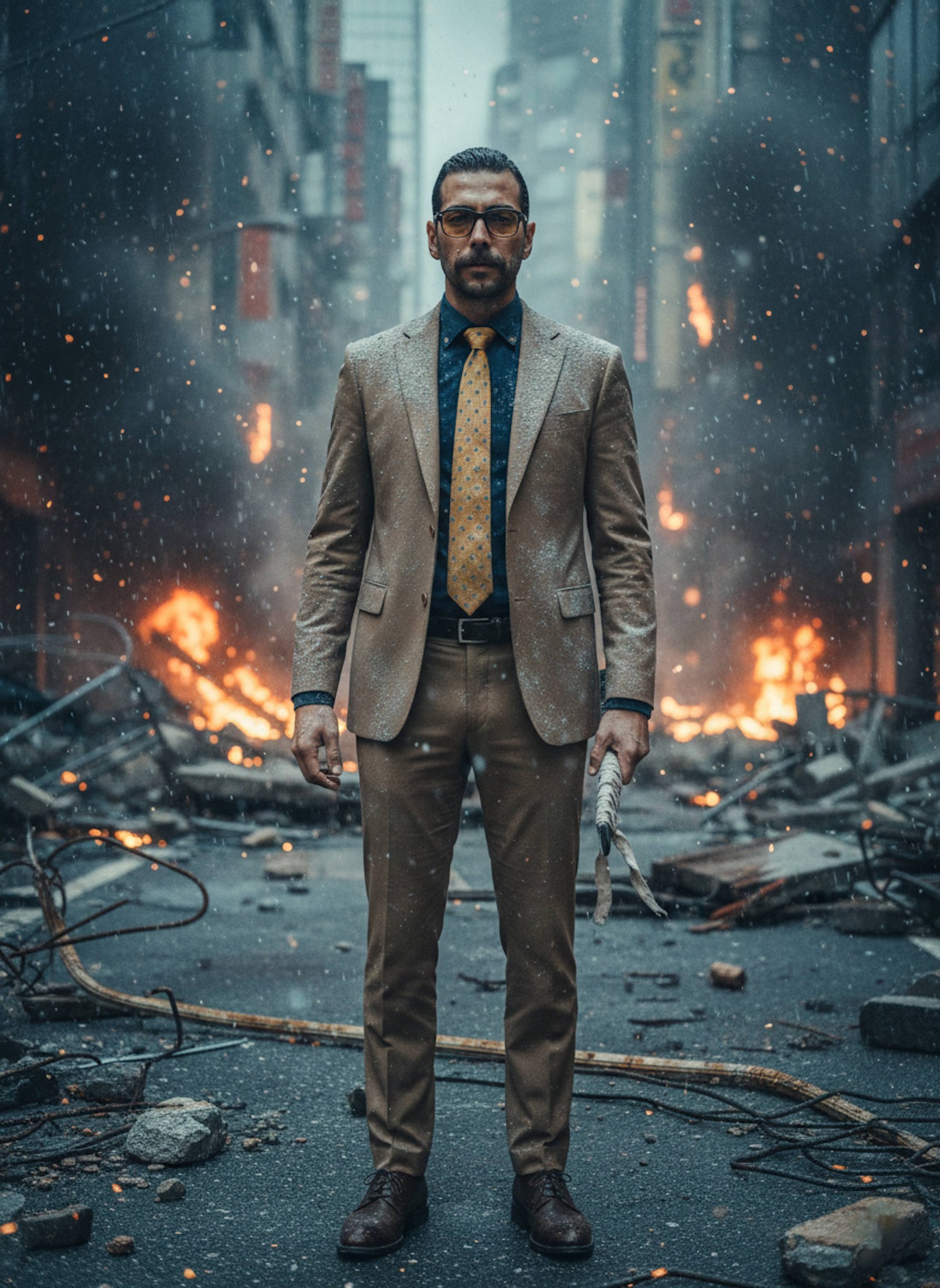 Nanami figure in ash-covered tan suit standing on a burning Shibuya street with falling ash