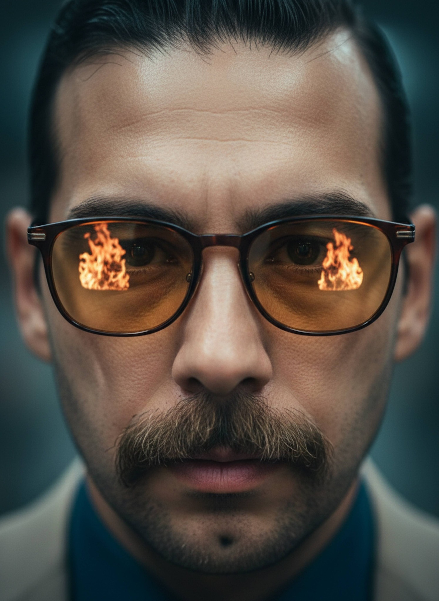 Extreme close-up of eyes behind amber-tinted glasses reflecting fire with detailed skin texture
