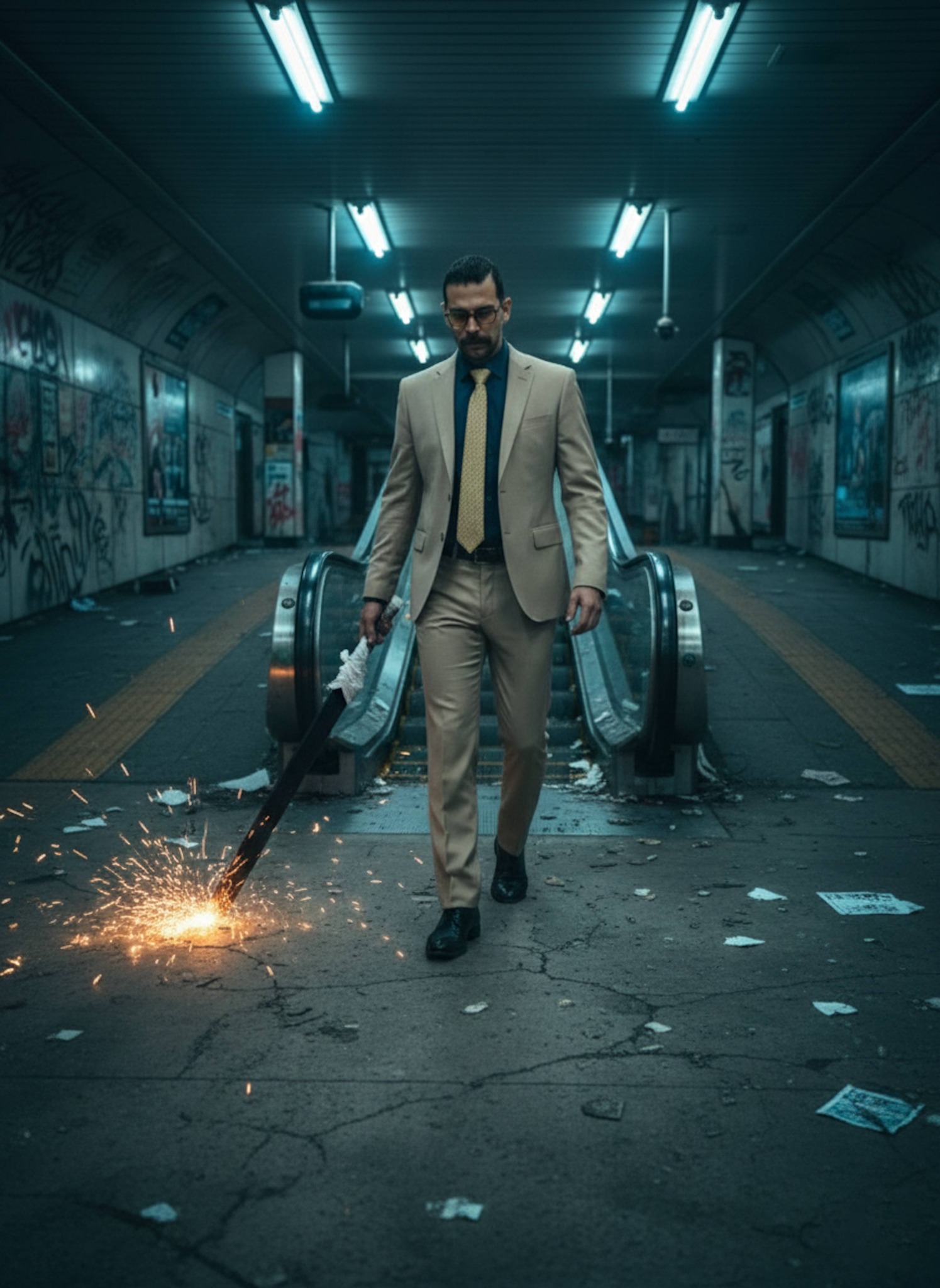 Nanami figure in tan suit dragging a wrapped blade across concrete with sparks flying underground