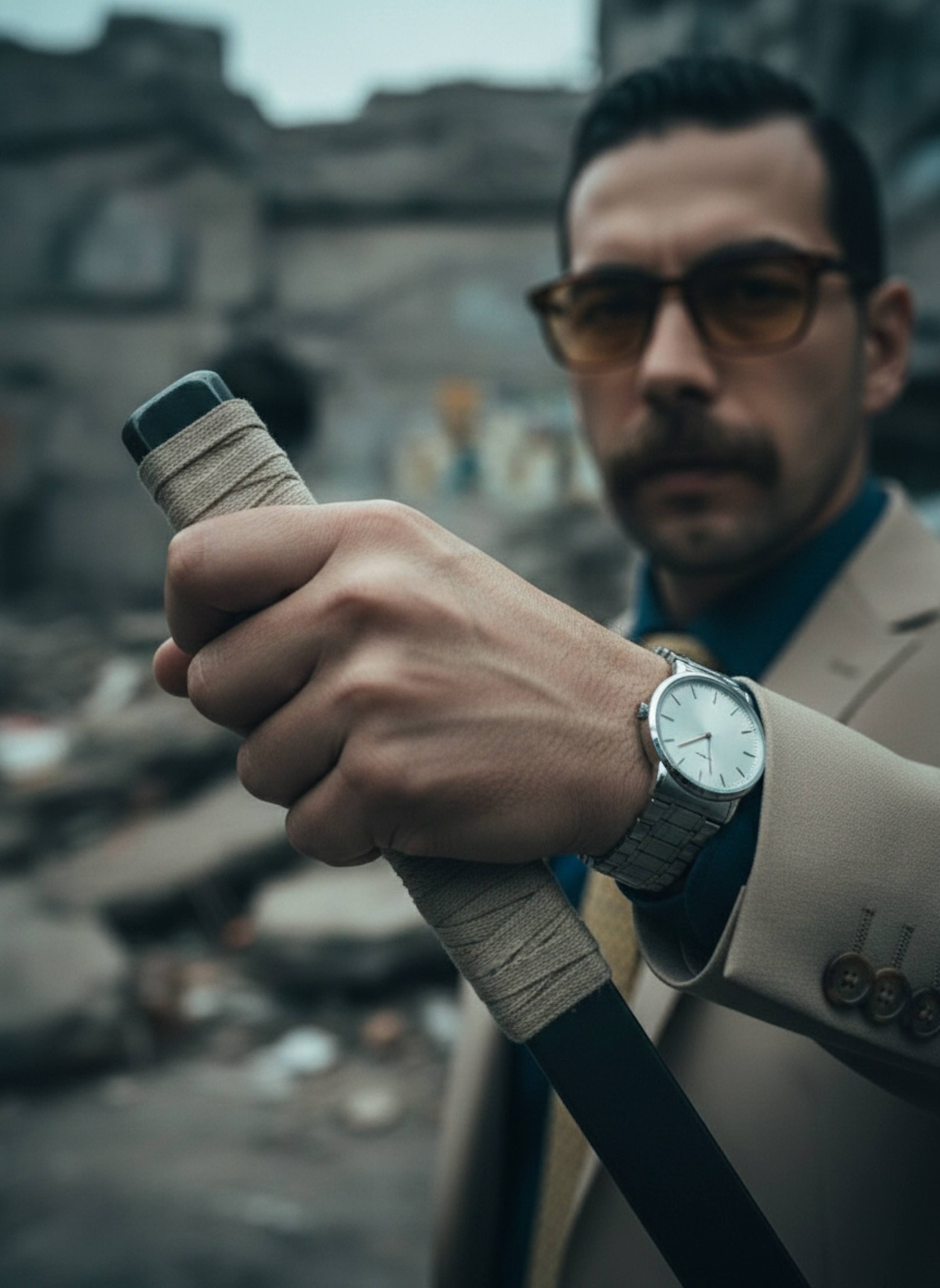 Hyper-realistic macro of a trembling hand gripping a cloth-wrapped blade with visible veins