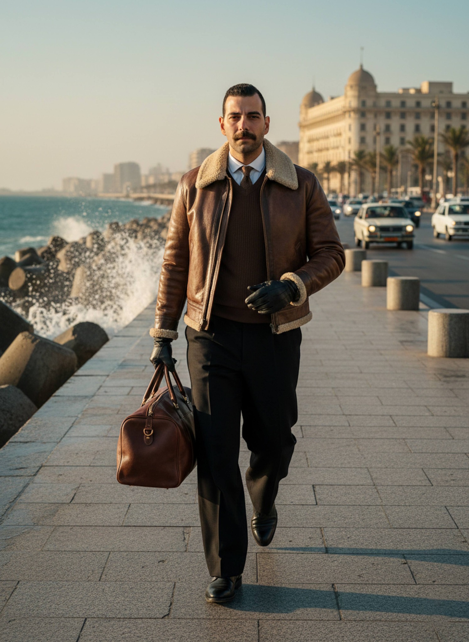 Person walking confidently along the Alexandria Corniche seaside with Mediterranean waves and wide-angle coastal perspective