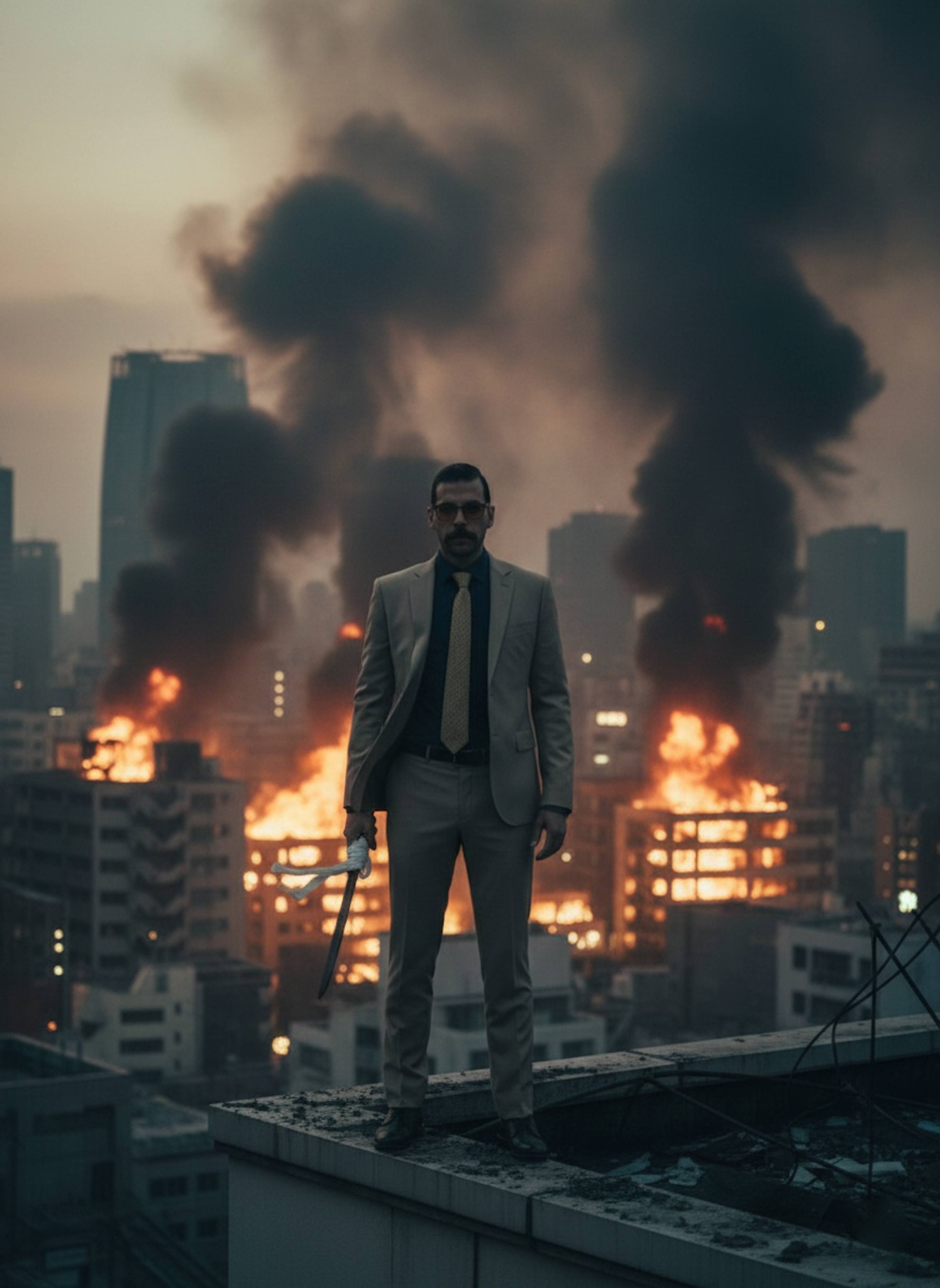 Silhouette of Nanami standing on a war-damaged rooftop edge against a burning Shibuya skyline