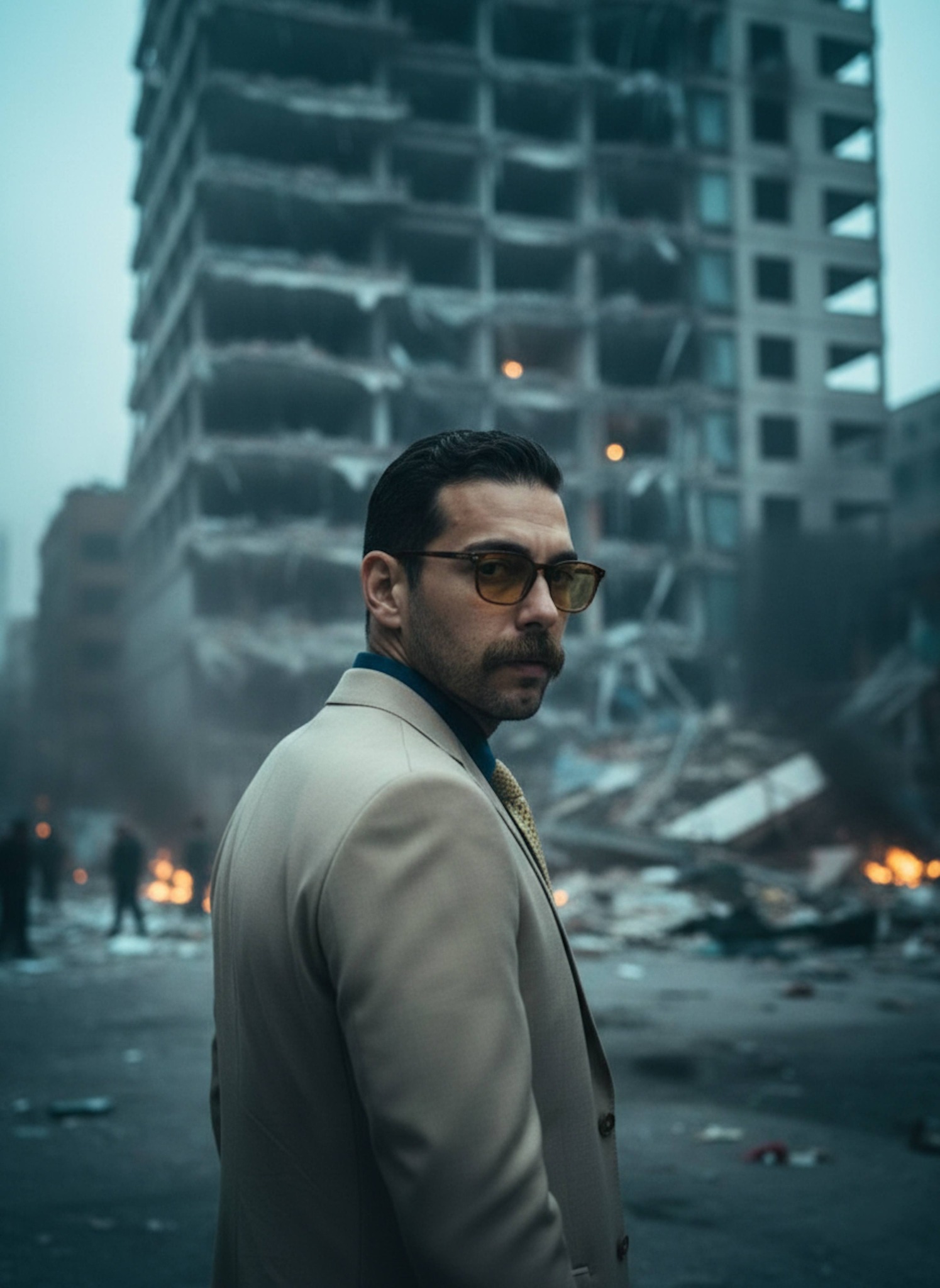 Nanami in tan suit and amber glasses looking over shoulder at a collapsed building