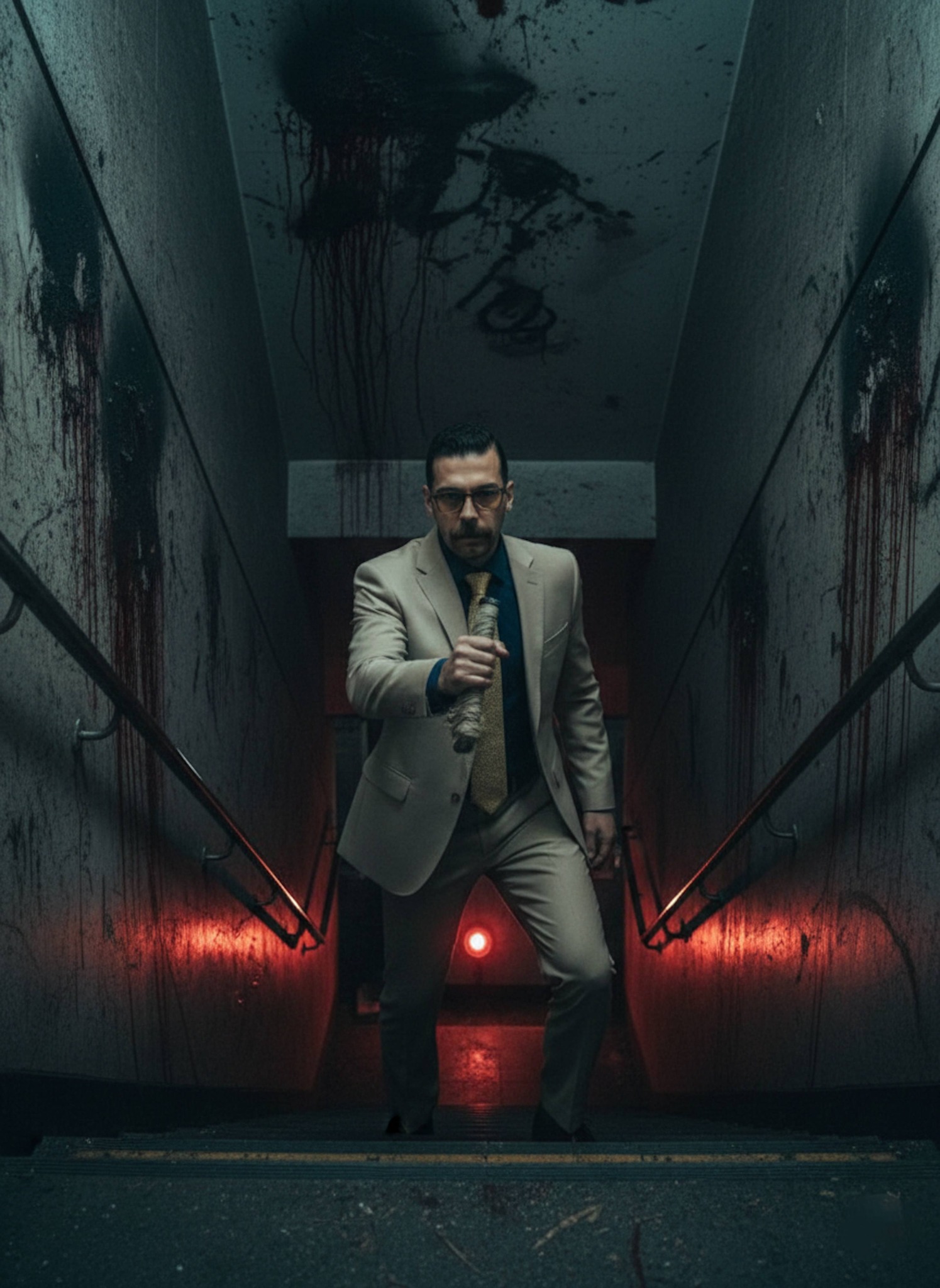 Nanami figure in torn suit descending a dark concrete stairwell with blood-stained walls