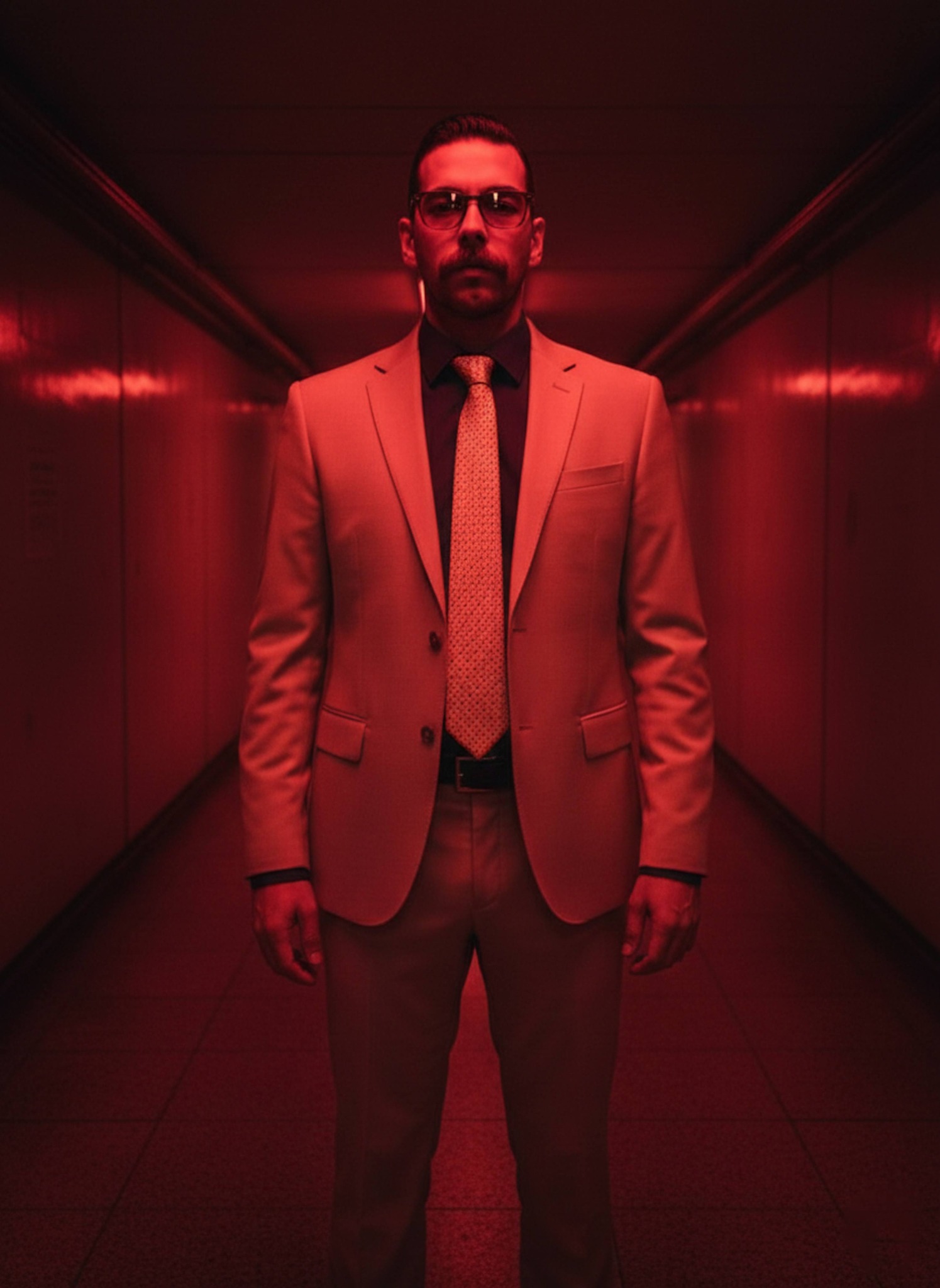 Nanami figure standing alone in a narrow concrete corridor bathed in pulsing red alarm light