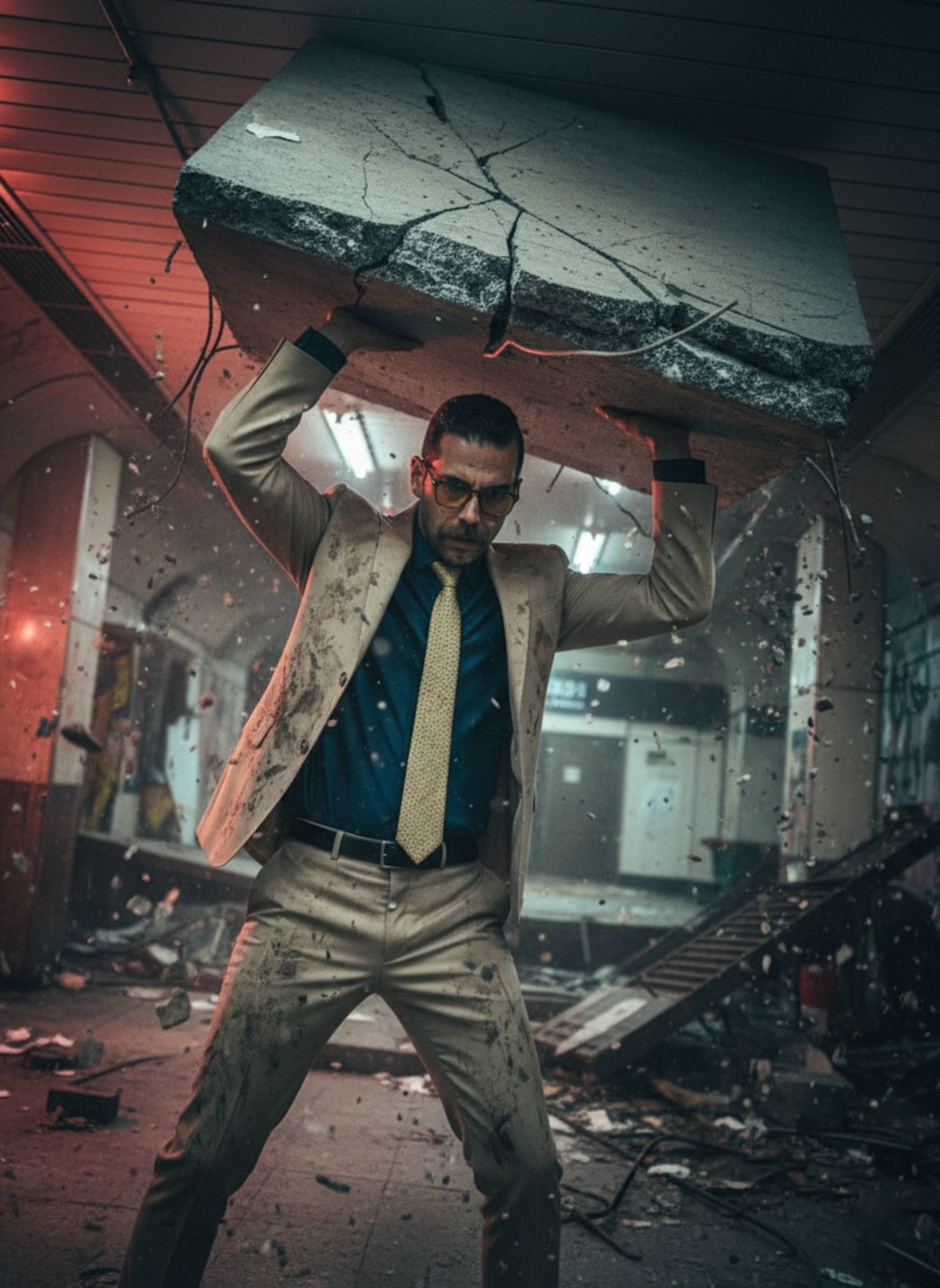 Nanami bracing against falling debris inside a collapsing underground station at a Dutch angle