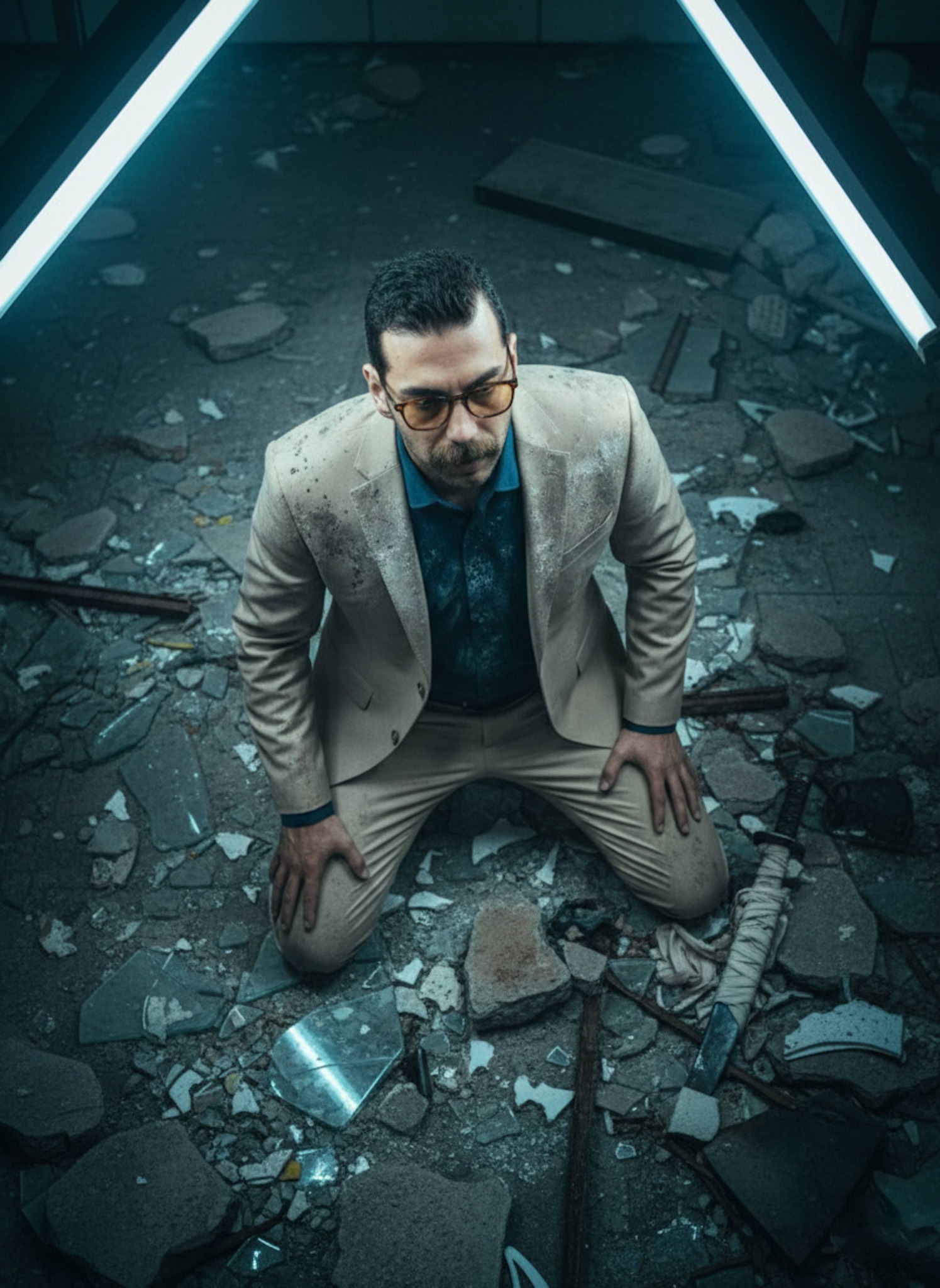 Top-down view of Nanami kneeling on one knee on rubble-covered ground with broken glass
