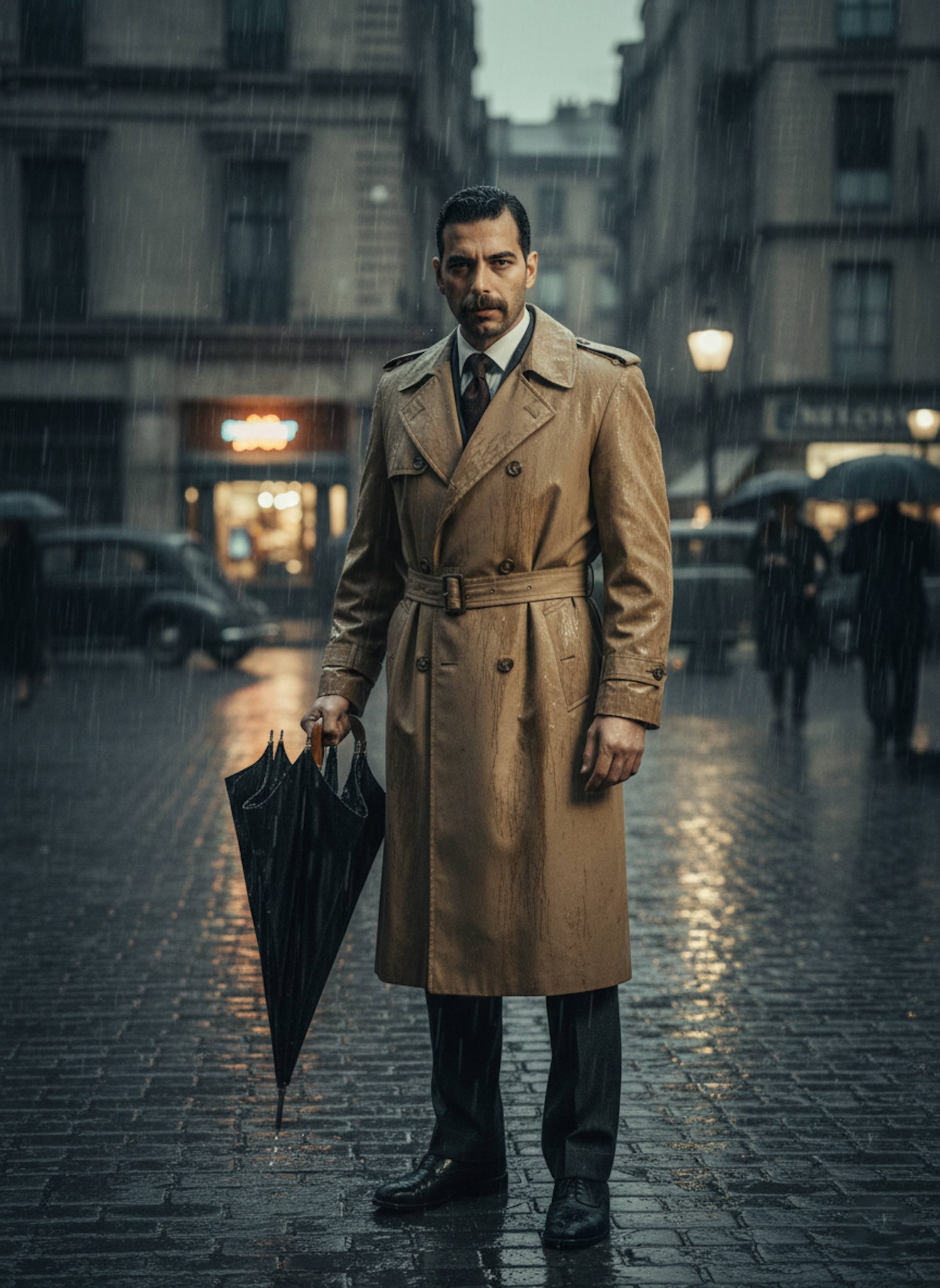 Detective in tan trench coat standing in a rainy 1940s urban square holding a wet umbrella