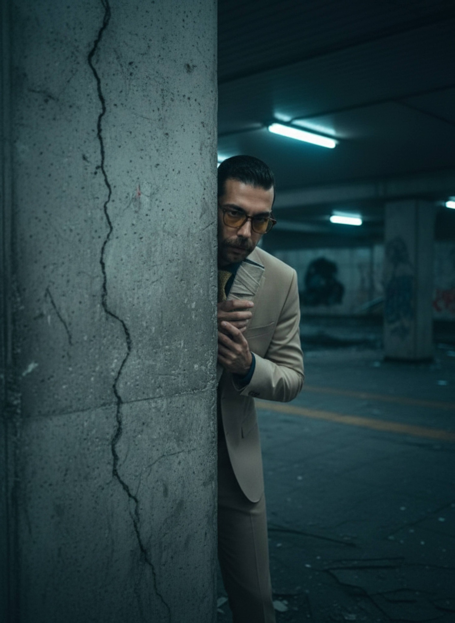 Half-visible Nanami face peering from behind a cracked concrete pillar in a dark underground passage