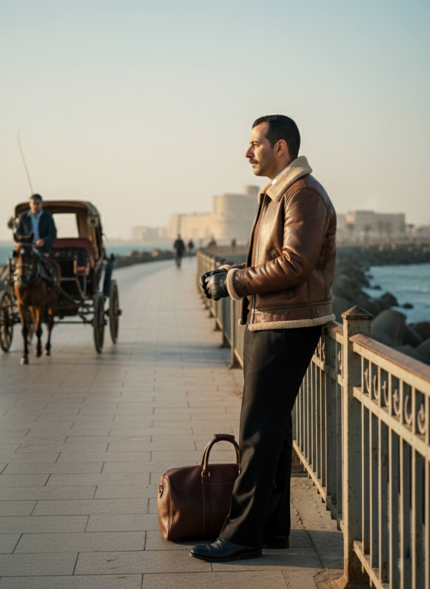 Person in side profile leaning against the Corniche railing gazing at the Mediterranean sea at sunset with golden light