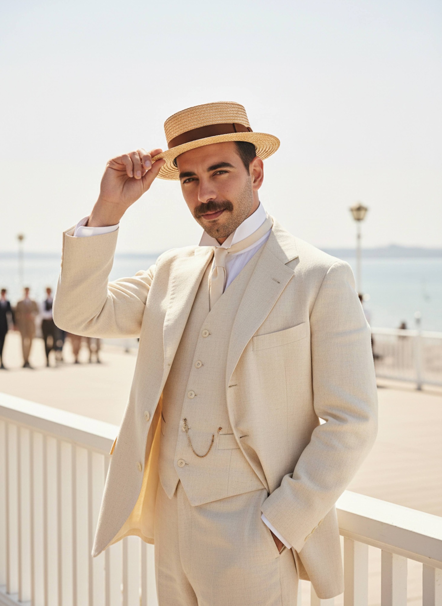 Gentleman in cream linen suit and boater hat adjusting hat on an Edwardian seaside promenade
