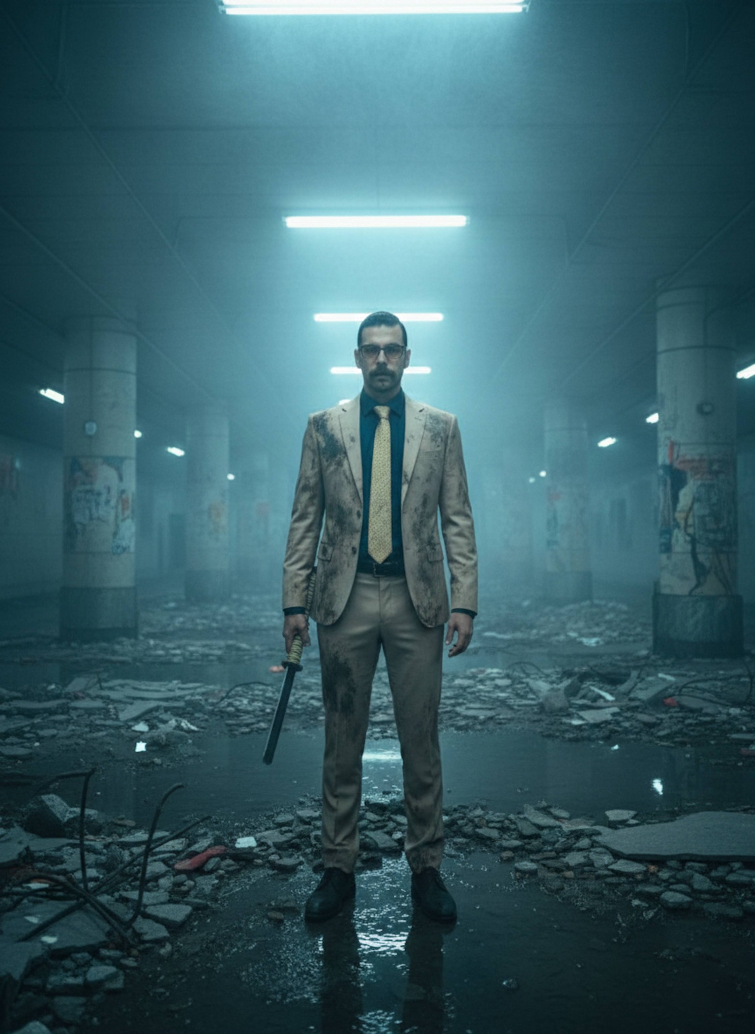 Nanami standing motionless in the center of a vast smoke-filled underground Shibuya hall