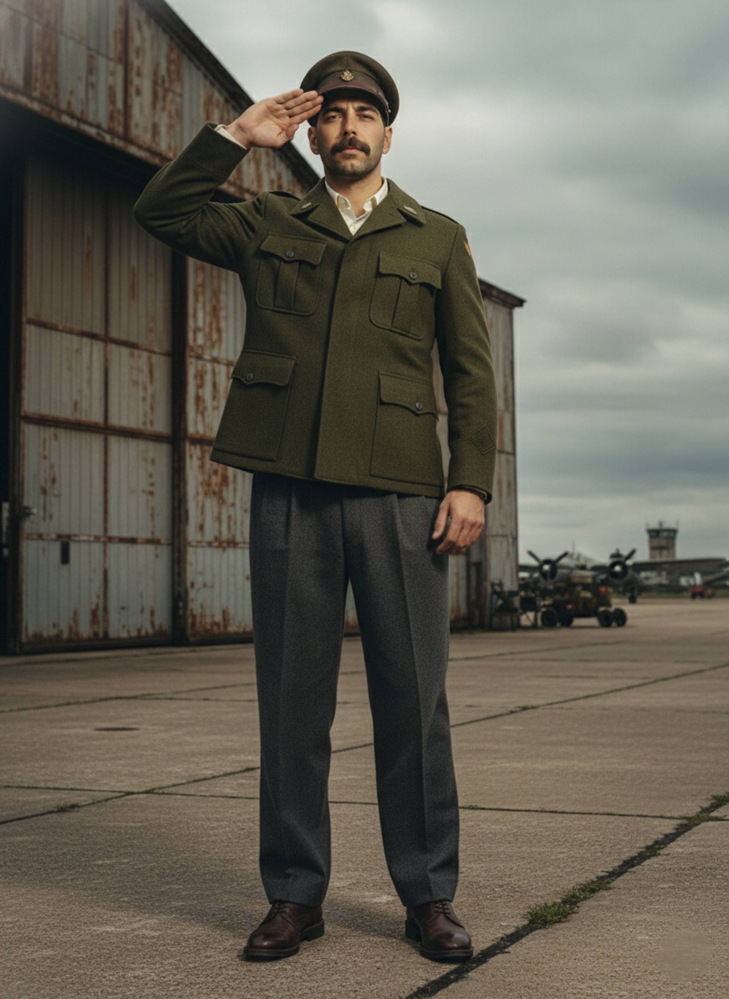 Person in cropped Eisenhower jacket and high-waisted trousers at a 1940s military airfield hangar