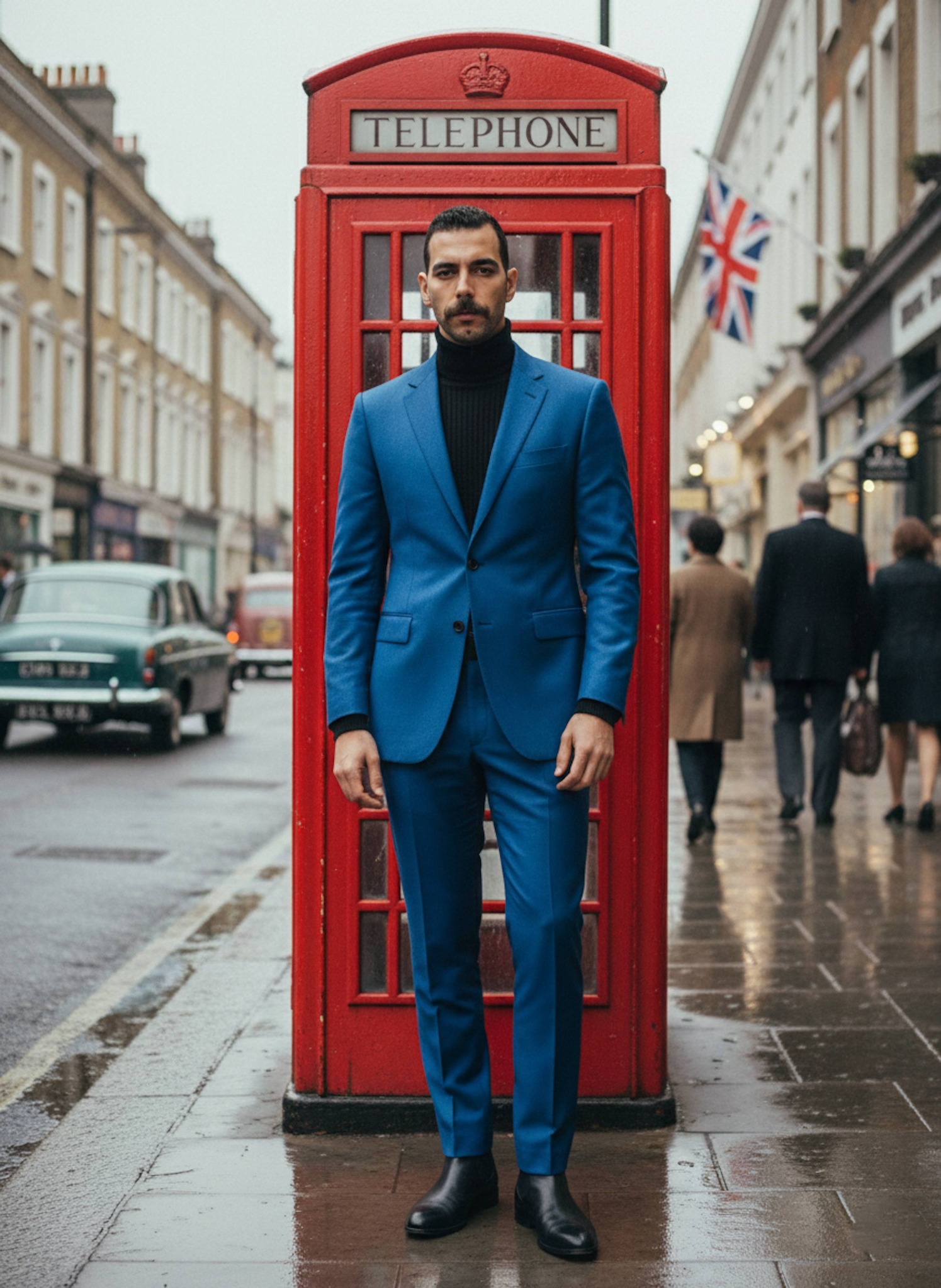 Person in electric blue mohair suit and Chelsea boots standing by a red phone booth in 1960s London