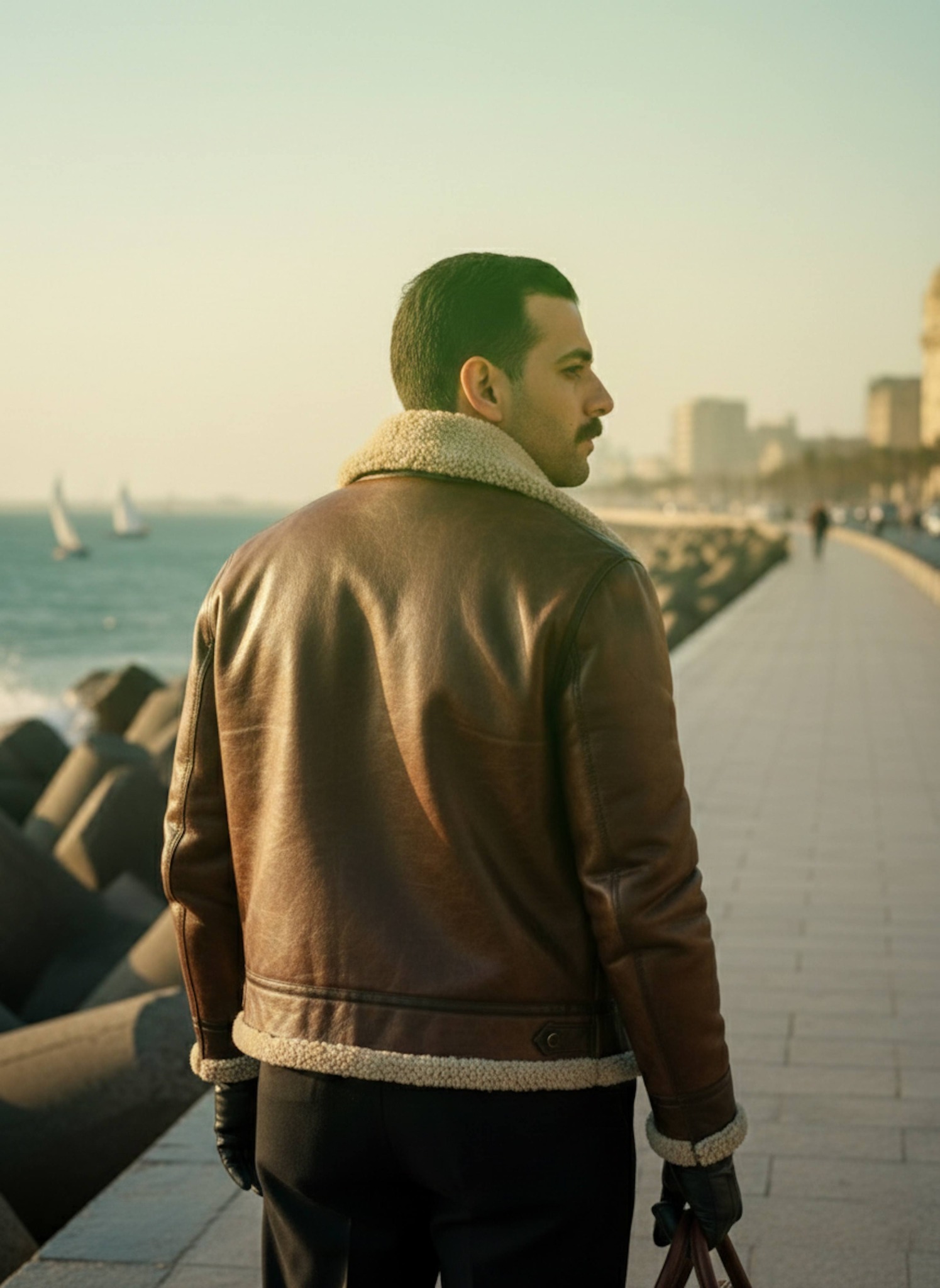 Over-the-shoulder view of person in aviator jacket looking at Alexandria Eastern Harbor