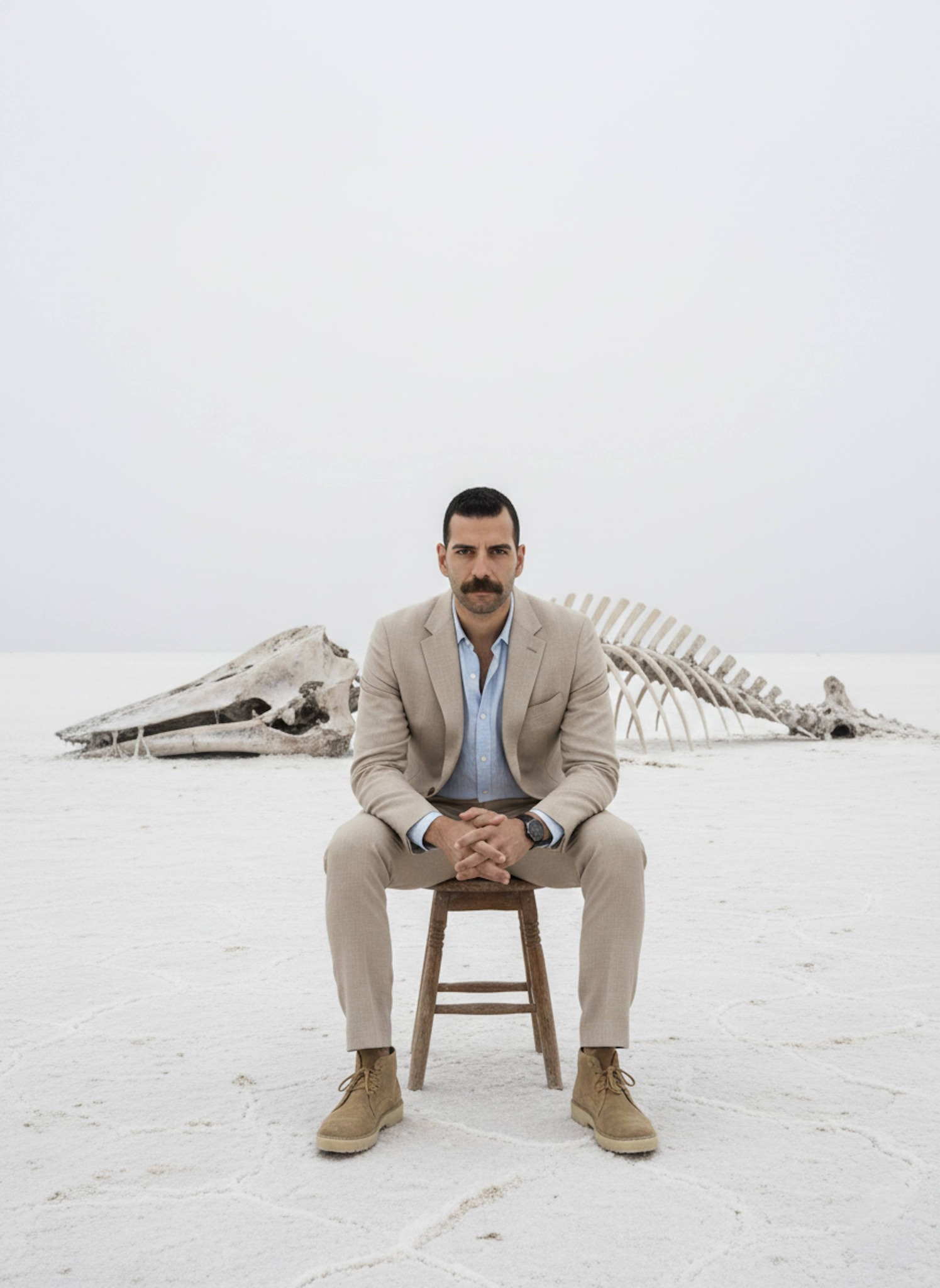 Person in sand-colored linen suit on a Namibia salt pan with bleached whale skeleton in background