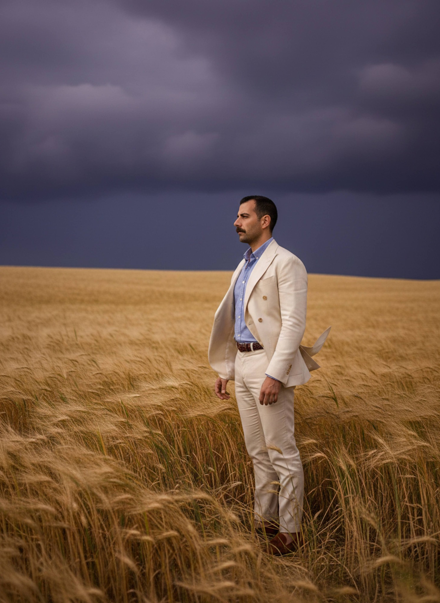 Person in cream silk-linen outfit standing in wind-whipped Tuscan wheat field under a dark storm sky