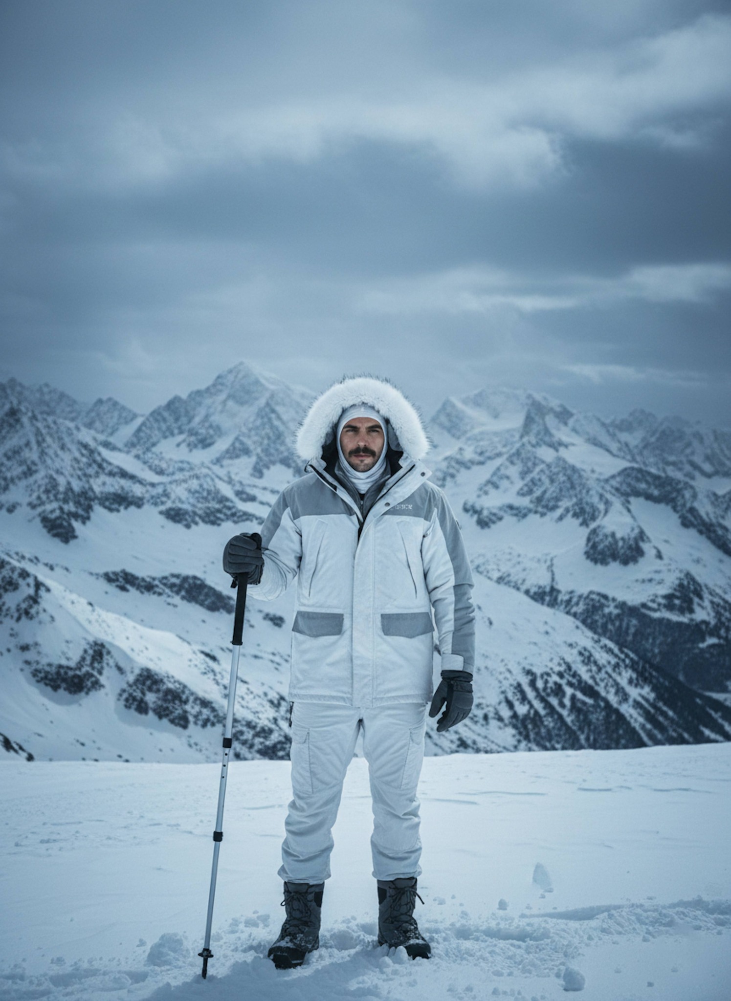 Mountaineer in white Gore-Tex parka overlooking a snowy Swiss Alps ridge under dramatic clouds