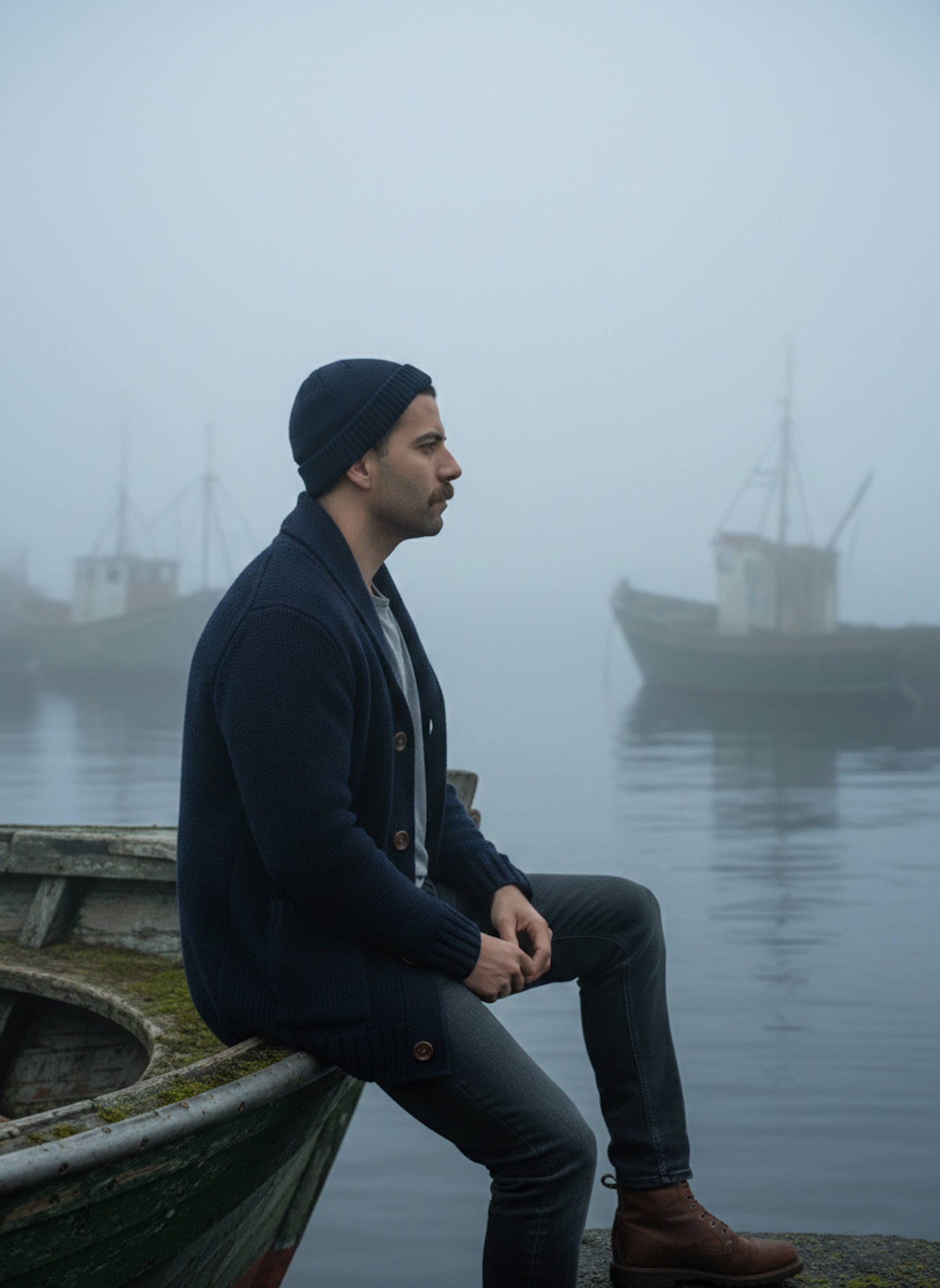 Person in navy wool cardigan standing in a misty Faroe Islands harbor with old fishing boats