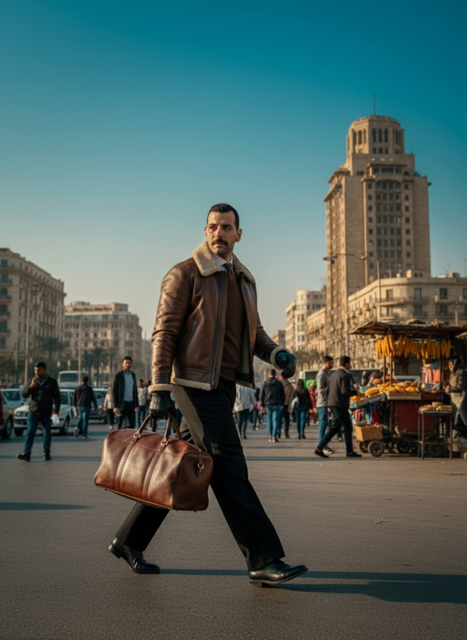 Person crossing a busy Cairo street near Manshia captured from a low angle with blurred traffic and urban energy