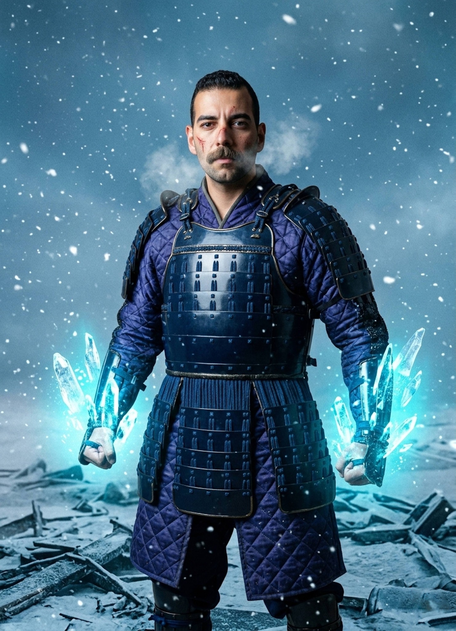 Armored warrior standing triumphant in a blizzard with levitating ice crystal shards and frost-covered armor