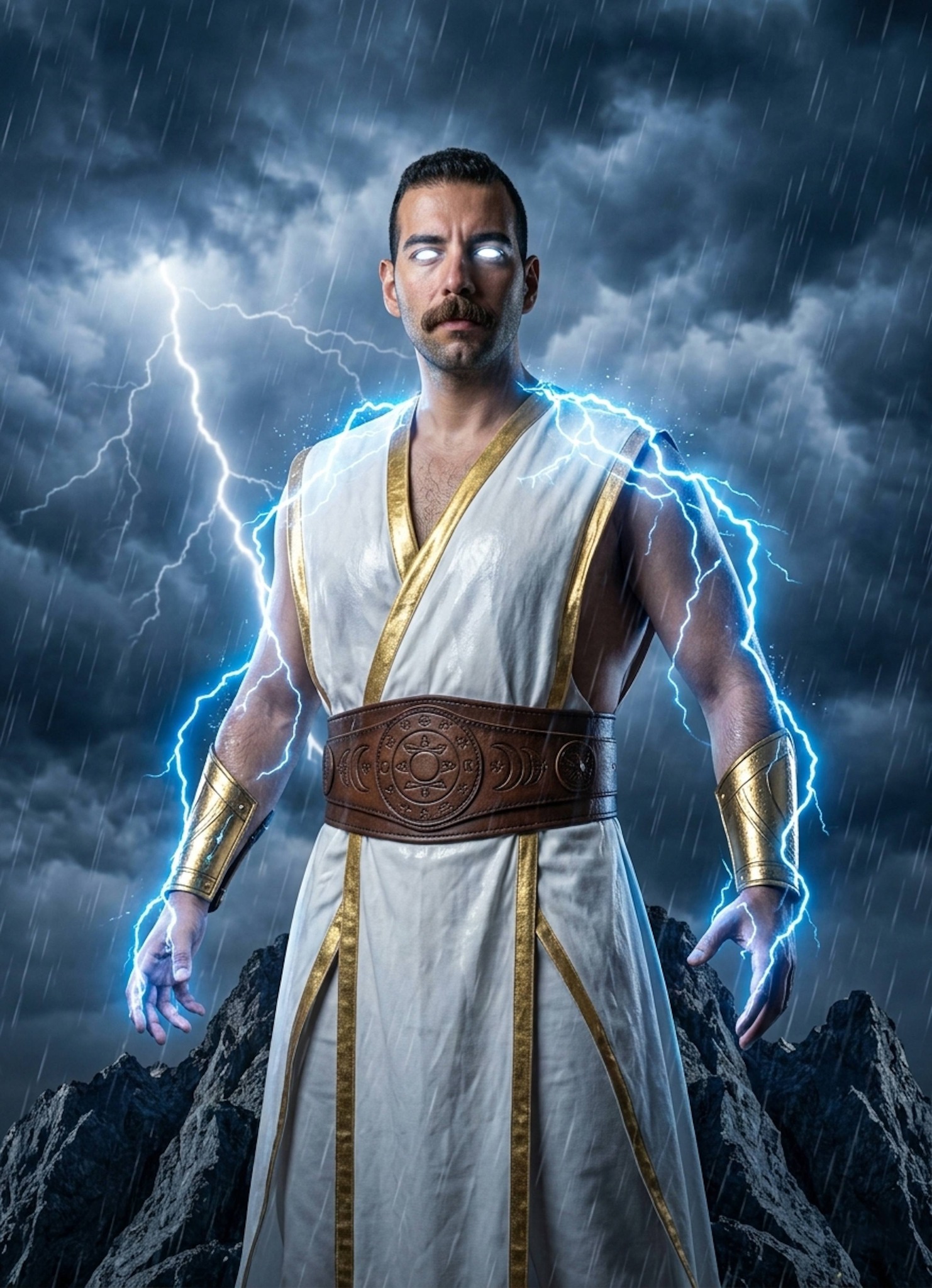Figure in white and gold robes on a mountain peak with blue lightning arcs during a thunderstorm