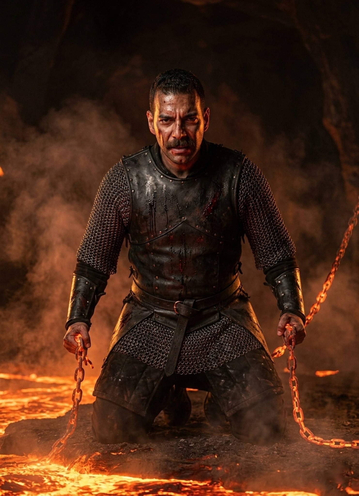 Scorched warrior in damaged black armor kneeling in a subterranean cavern filled with molten lava