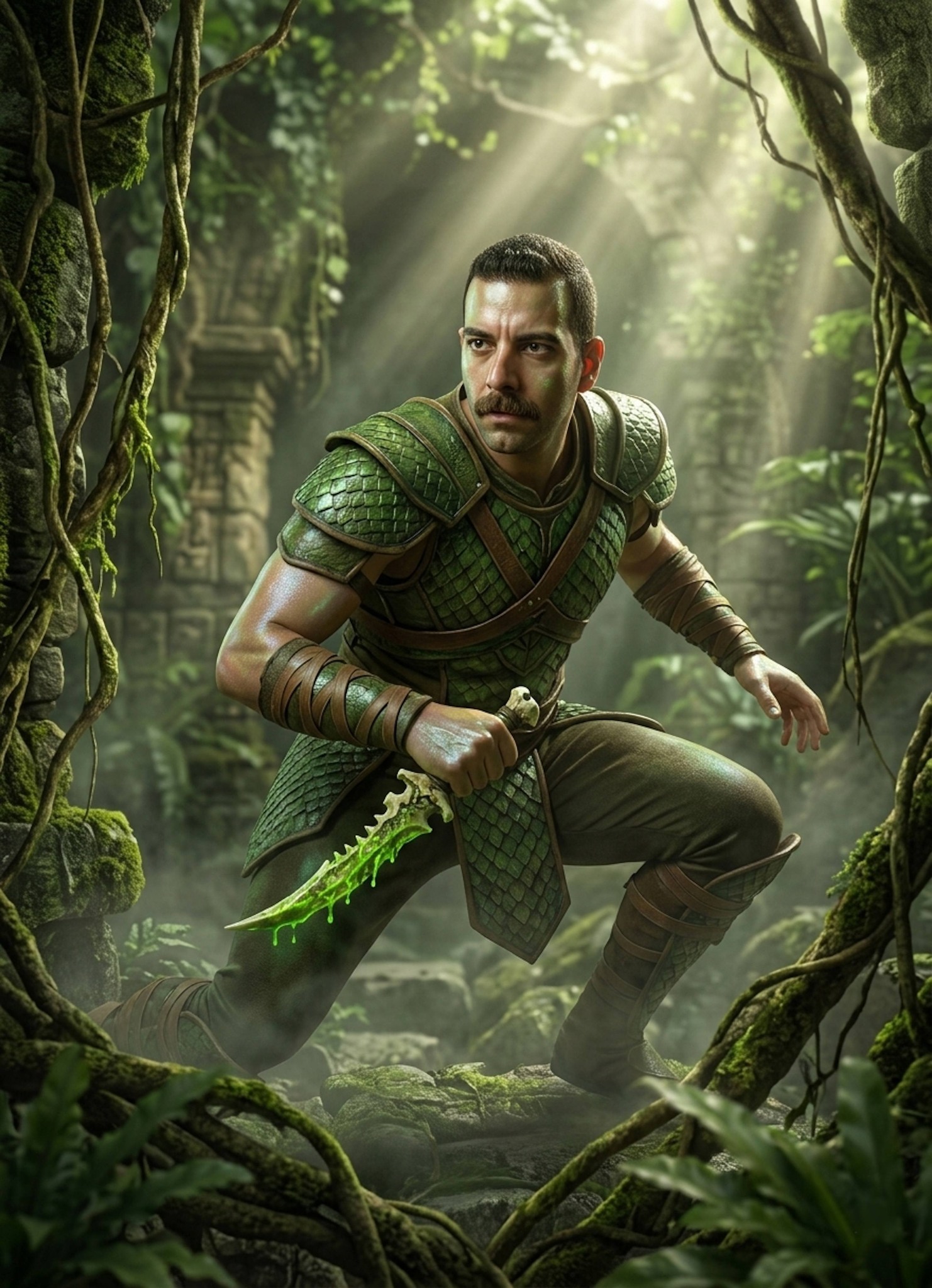 Stealthy figure in green scale armor crouching in jungle temple ruins holding a glowing bone dagger