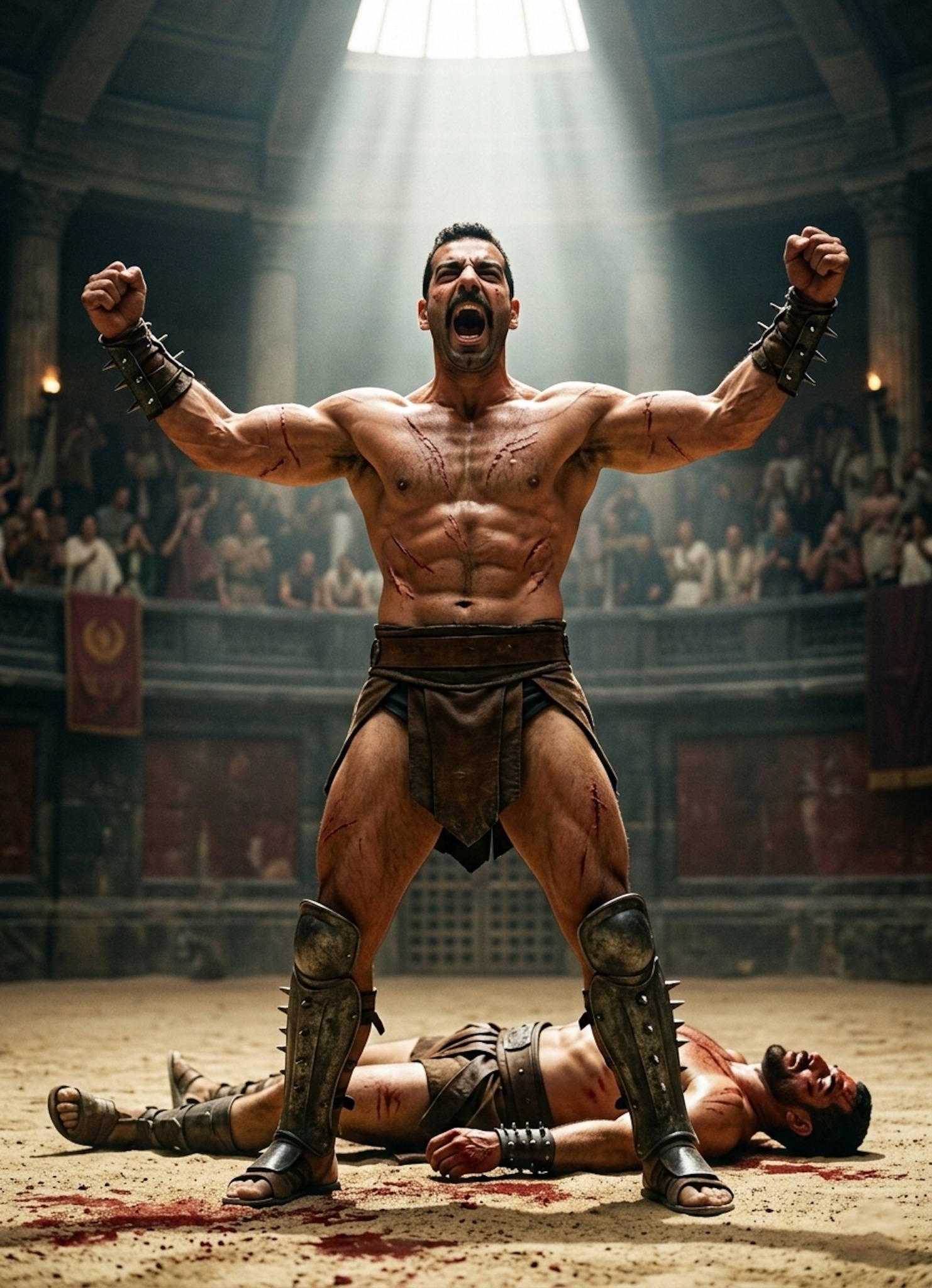 Muscular warrior with ritual scars standing triumphant in a stone arena over a defeated opponent
