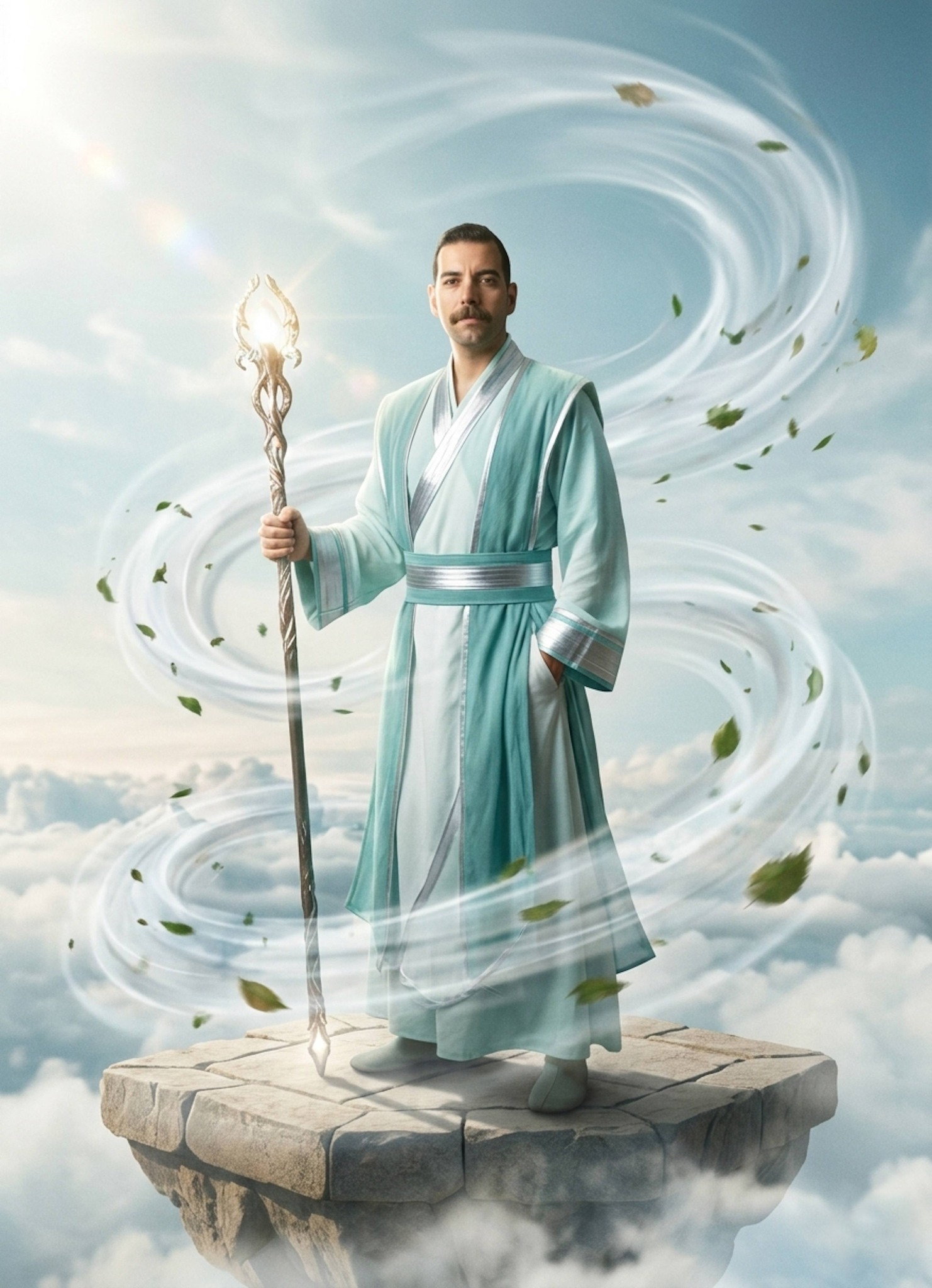 Figure in teal and white robes on a floating stone platform above clouds with swirling wind currents