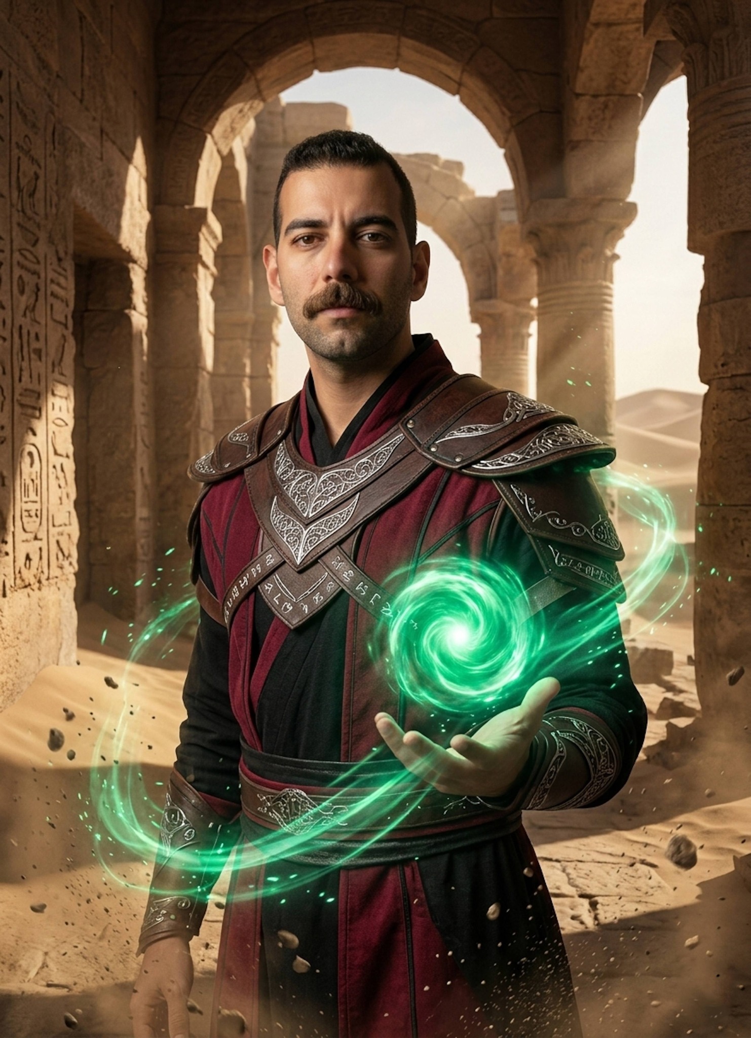 Sorcerer in crimson robes channeling emerald-green soul energy in desert temple ruins
