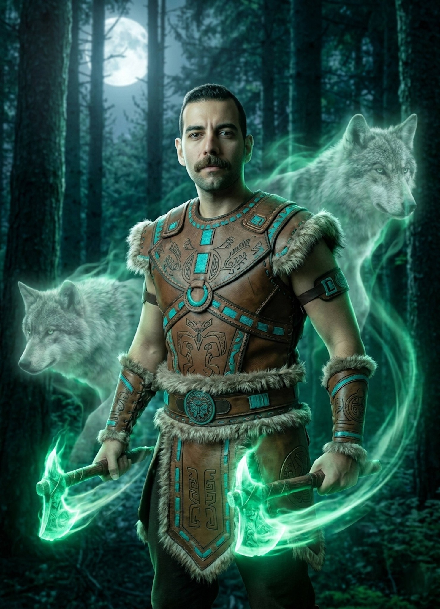 Warrior with glowing green tomahawks flanked by ghostly wolf spirits in a moonlit forest clearing