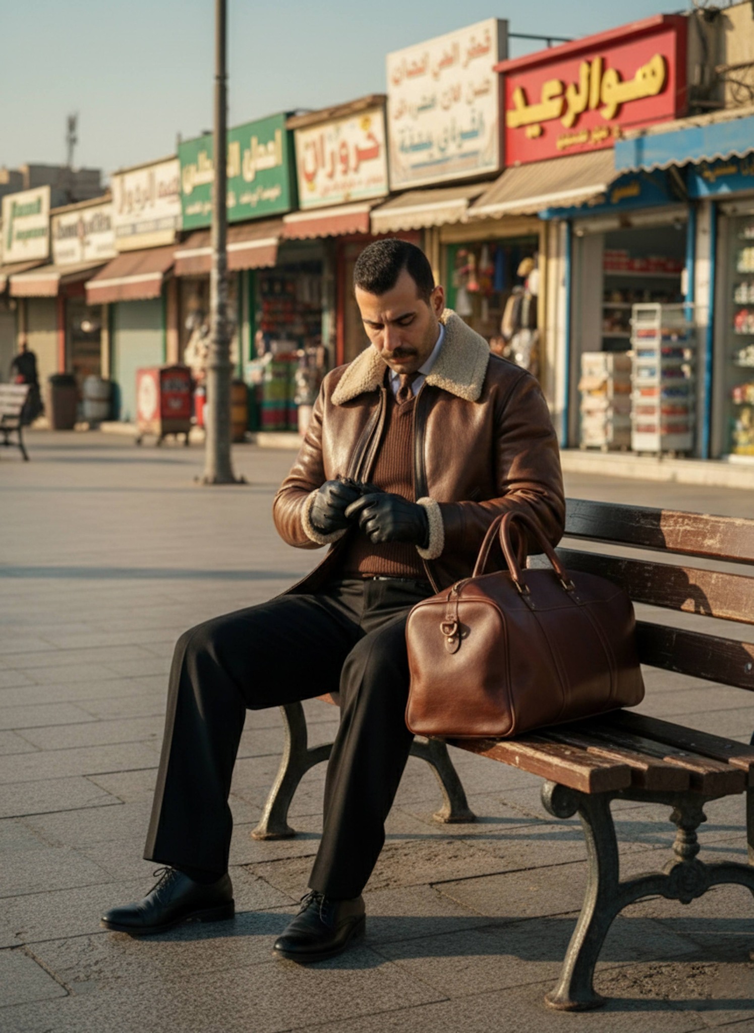 Person in a leather aviator jacket sitting on a weathered bench along a seaside walkway with Mediterranean sea views