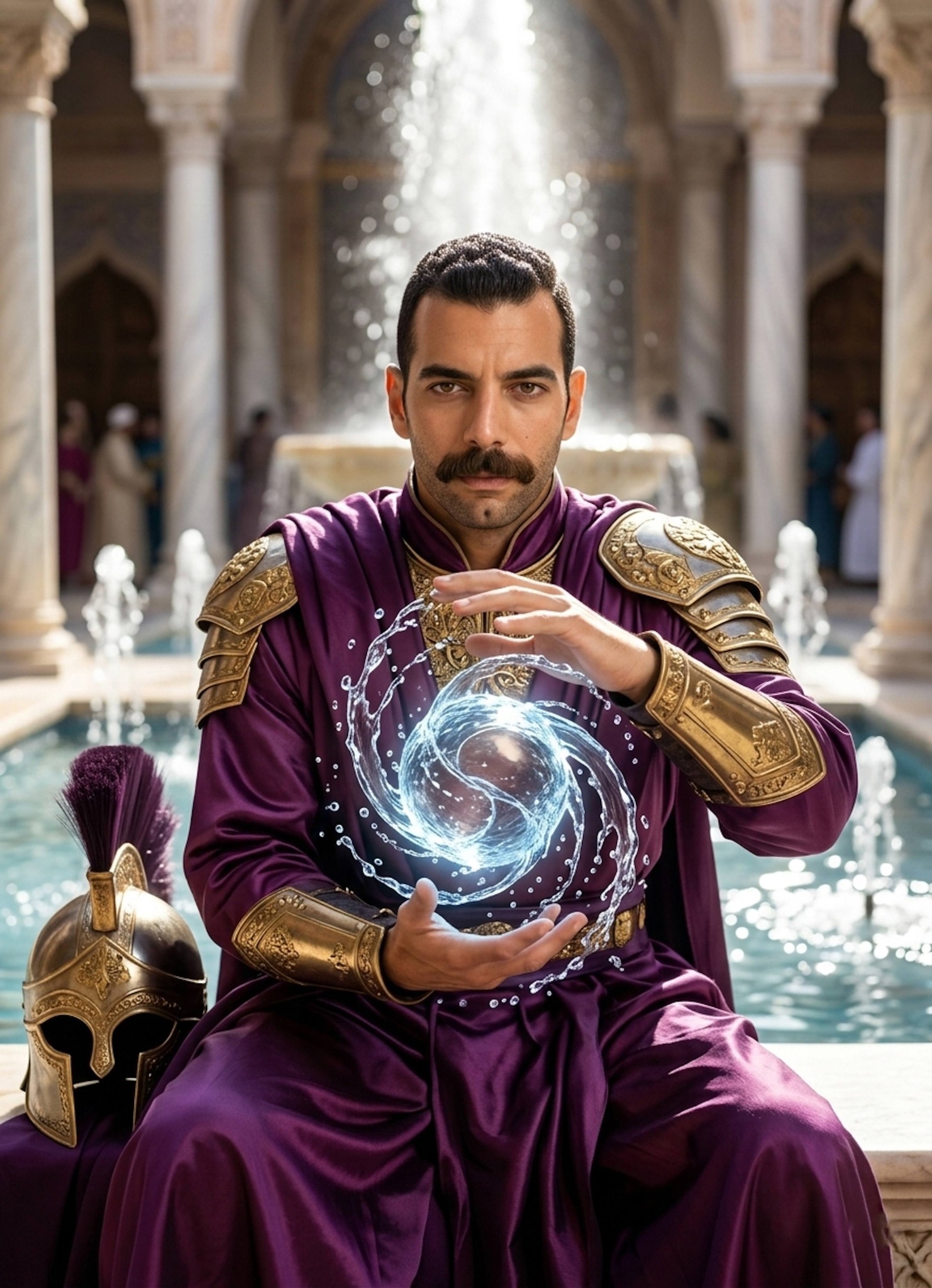 Royal figure in purple silk robes manipulating a water sphere in an ornate palace courtyard